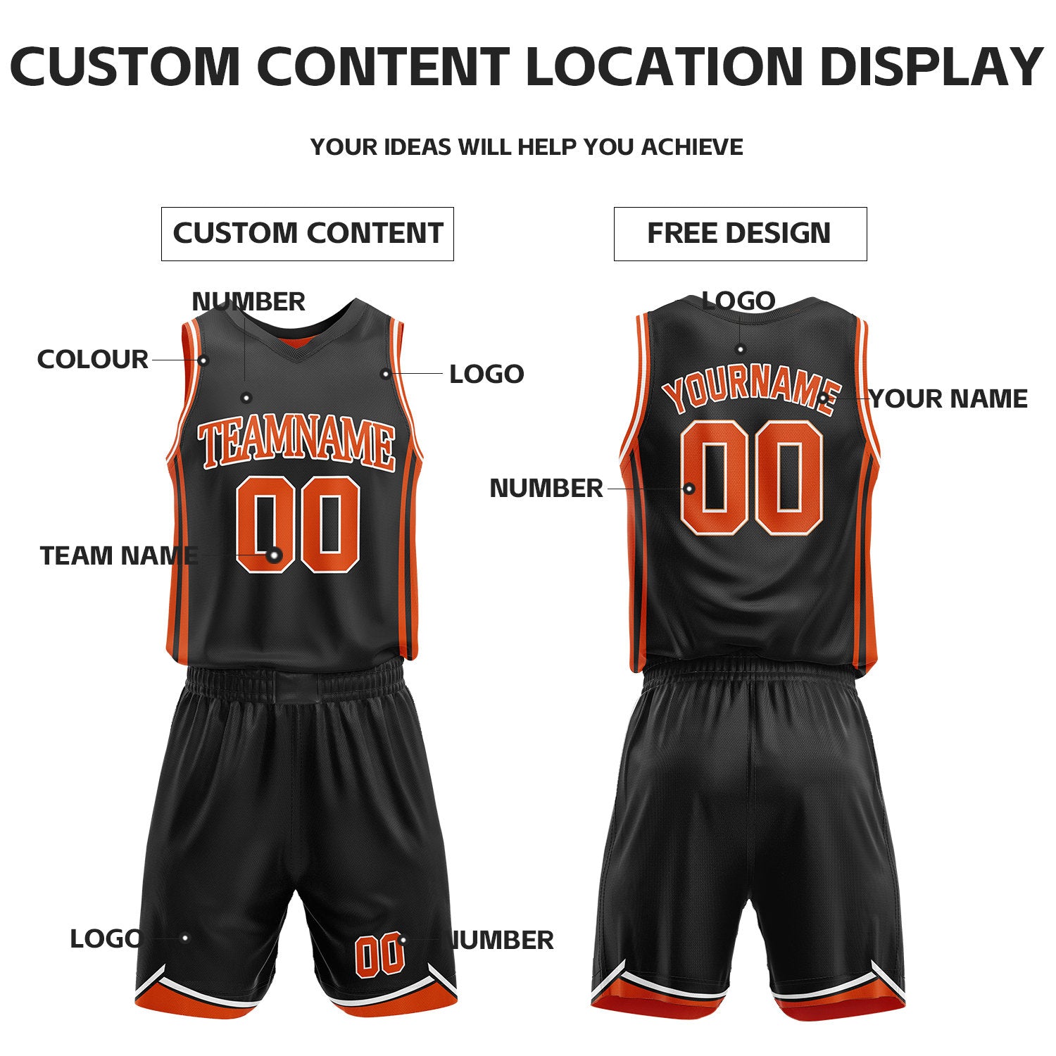 Custom Orange & Black Reversible Basketball Jersey Shorts Set | Personalized Full Vintage Team Uniform