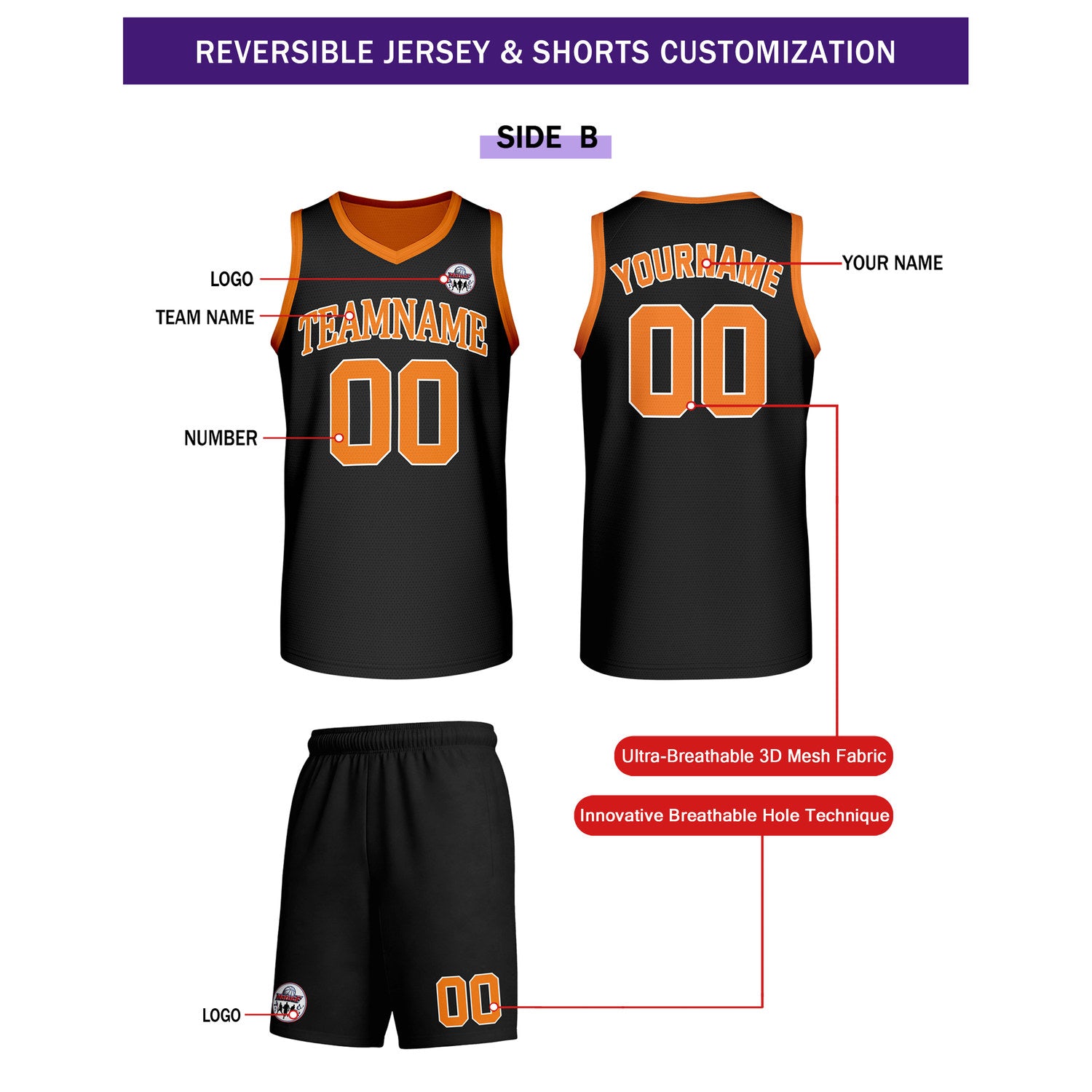 Custom Orange & Black Reversible Basketball Uniform Set | Personalized Team Name & Number - Vosoli