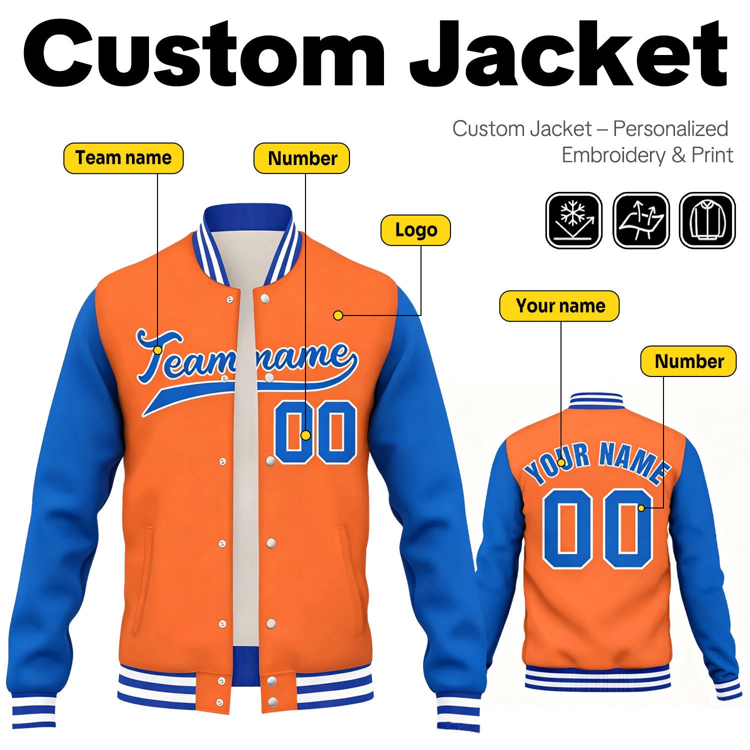 Custom Orange & Blue Contrast Sleeve Varsity Baseball Jacket | Personalized Team Name & Number