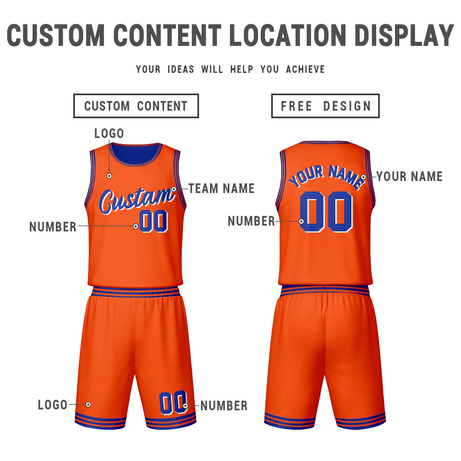 Custom Orange Blue Reversible Basketball Jersey Set | Personalized Name Number Mesh Sports Uniform