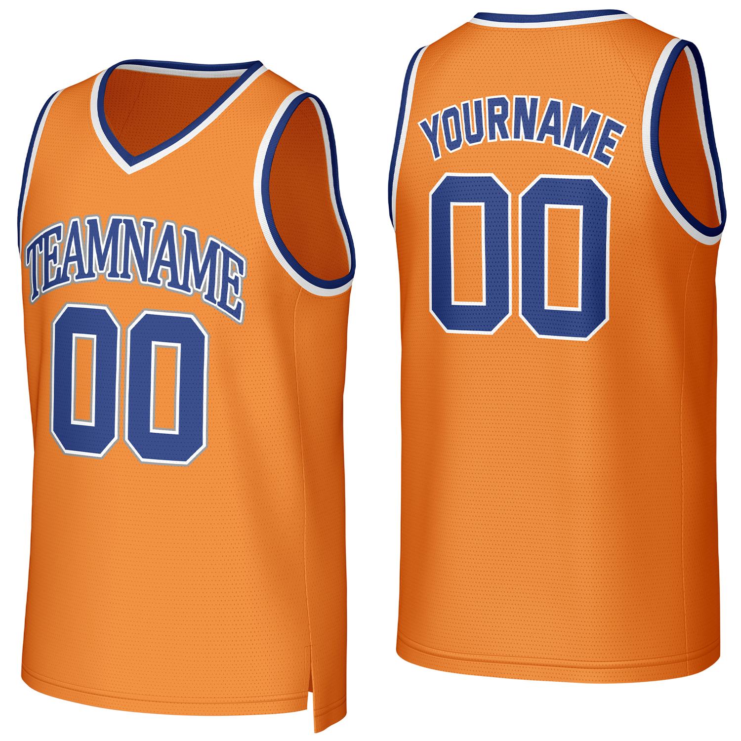 Custom orange & blue basketball jersey by Vosoli | Personalized stitched team name, number & logo | Breathable mesh sport jersey