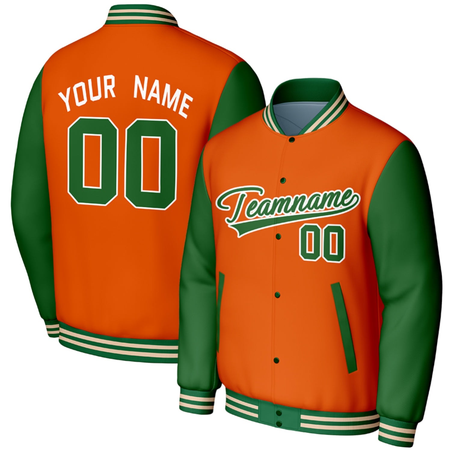 custom orange green baseball team jackets by Vosoli, personalized stitched name, number & logo, classic button up varsity letterman jacket for baseball teams and casual wear