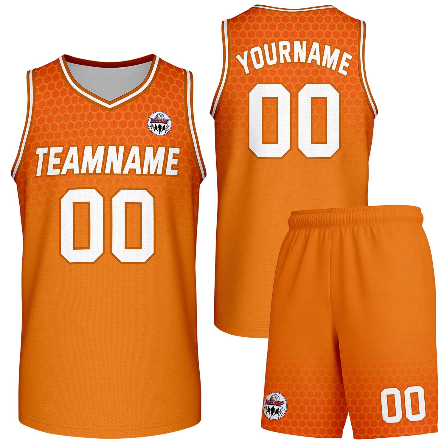 Custom orange honeycomb-pattern basketball uniform set, personalized team name number logo breathable mesh jersey and shorts men women youth game practice - Vosoli