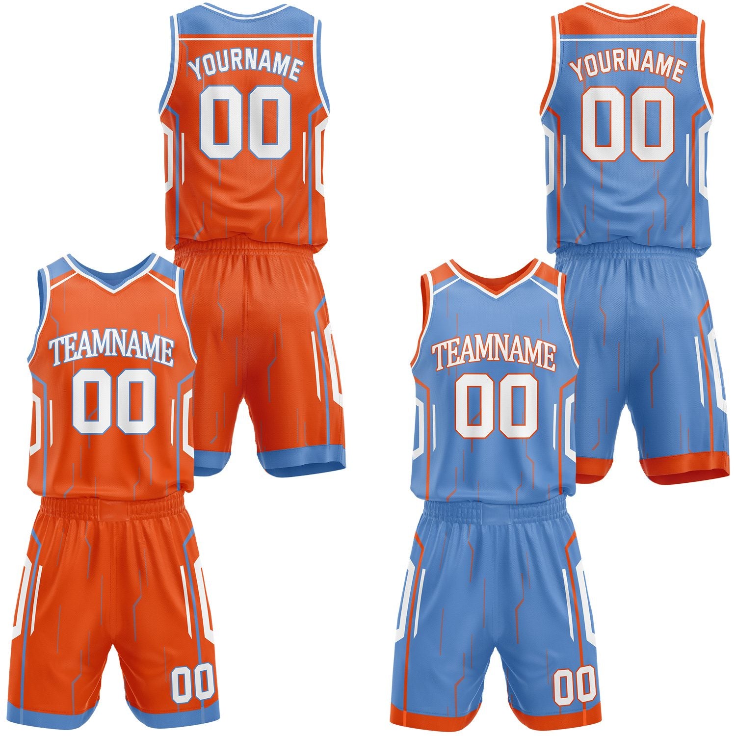 Custom orange & light blue reversible basketball jersey shorts set by Vosoli | Personalized block team name number tech geometric uniform sportswear