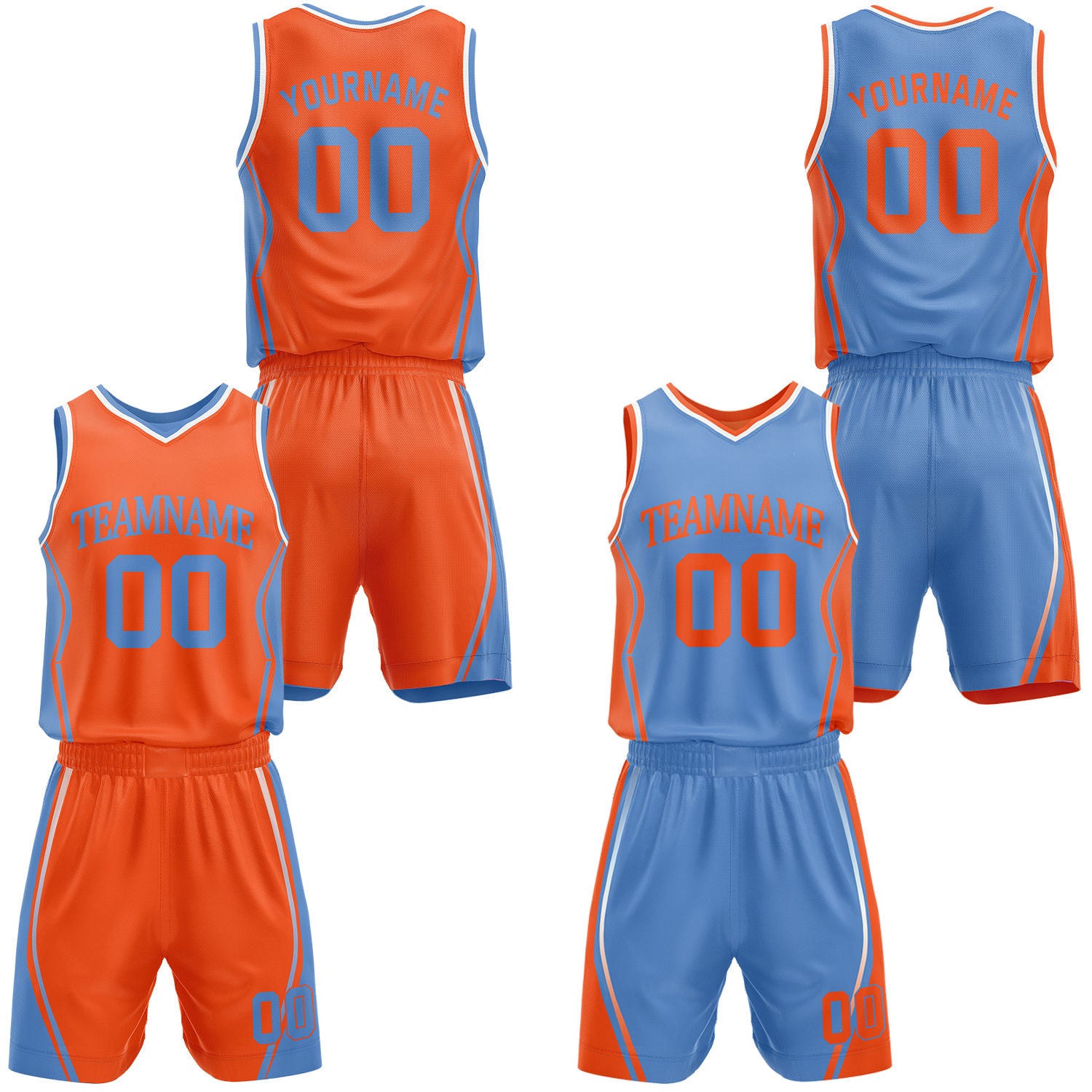 Custom orange & light blue reversible basketball jersey shorts set by Vosoli | Personalized block team name number geometric uniform sportswear