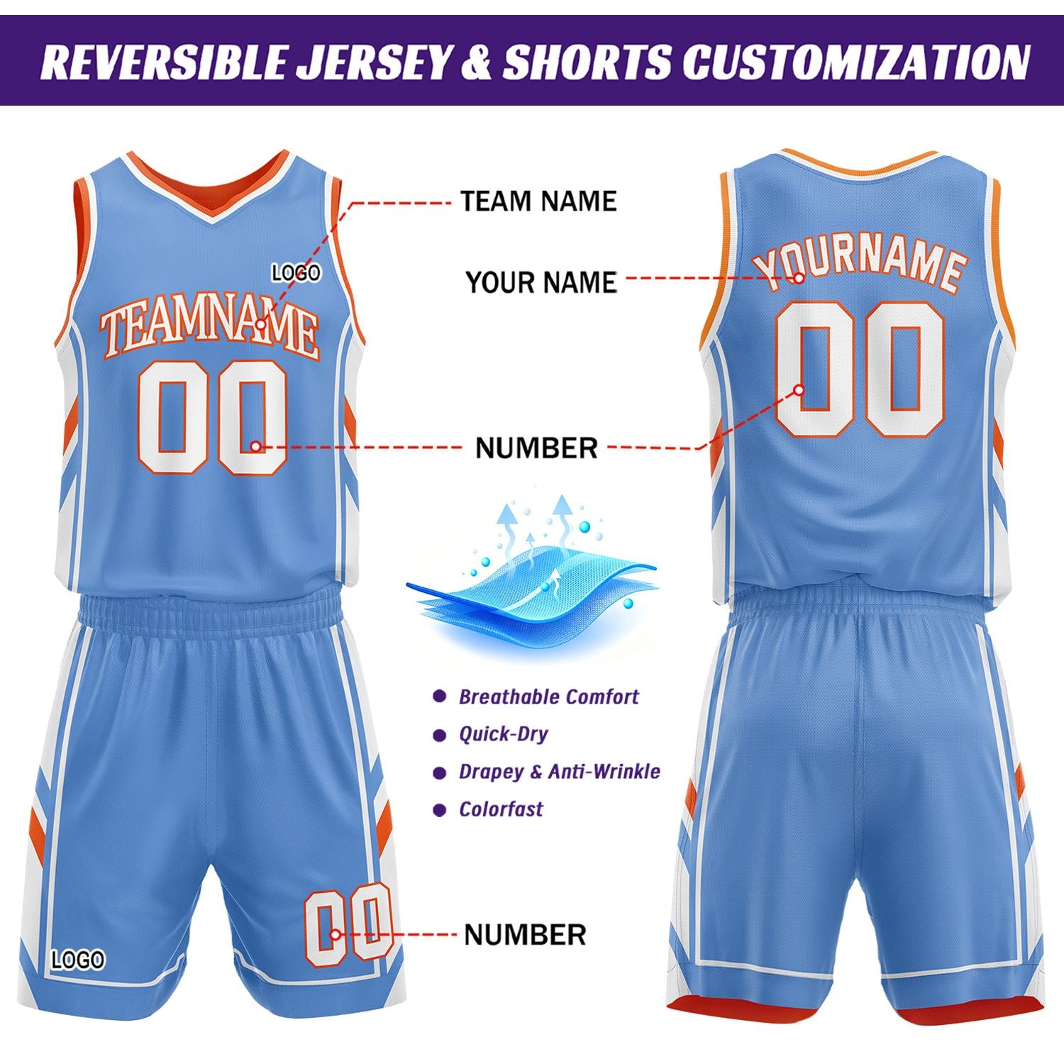 Custom Orange & Light Blue Reversible Basketball Uniform Set | Personalized Name Number Sports Jersey Shorts Kit
