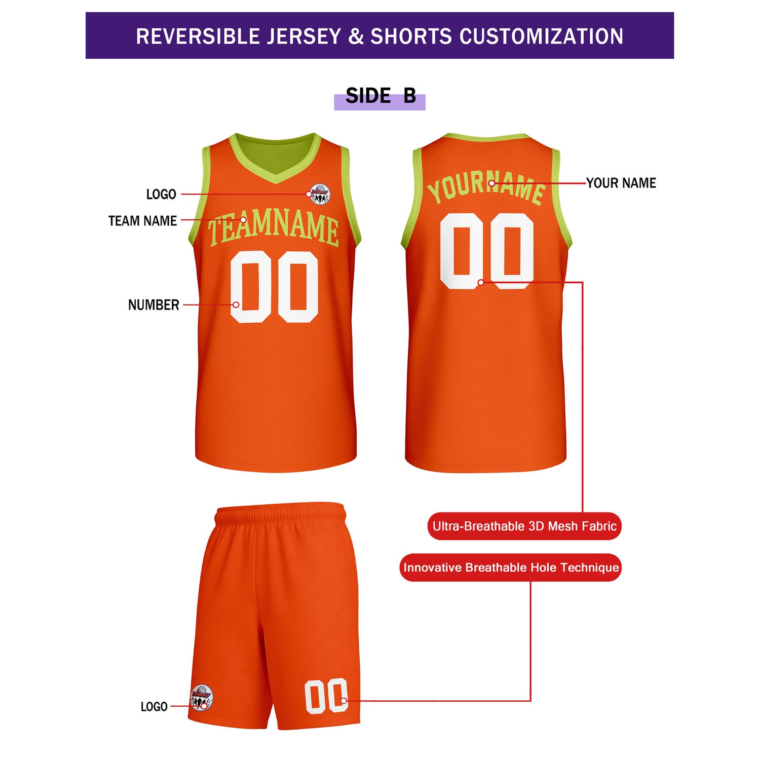Custom Orange & Lime Green Reversible Basketball Uniform Set | Personalized Team Name & Number - Vosoli