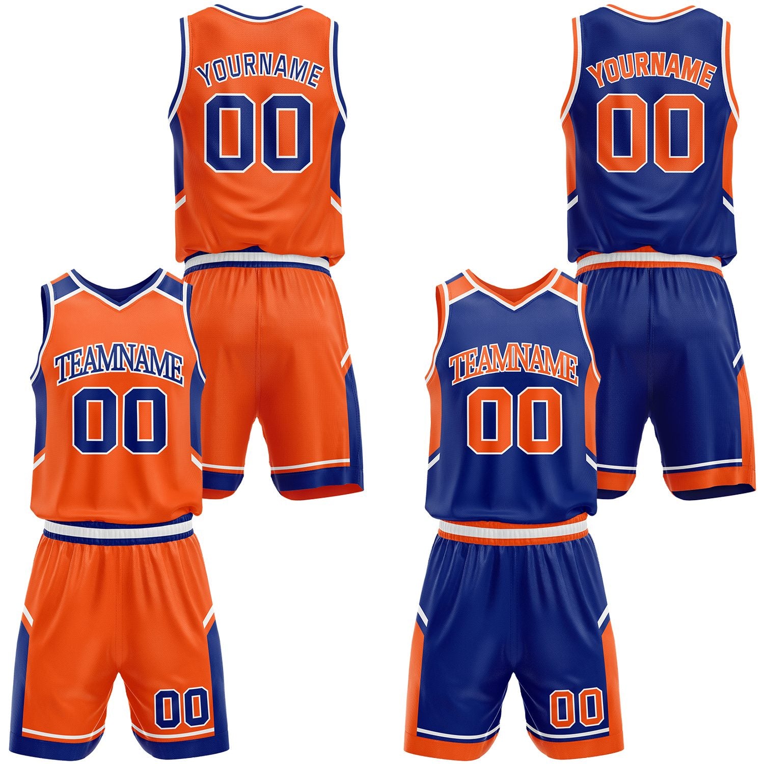 Custom orange and royal blue basketball uniform set, personalized name, number and logo, breathable mesh for youth & adult.
