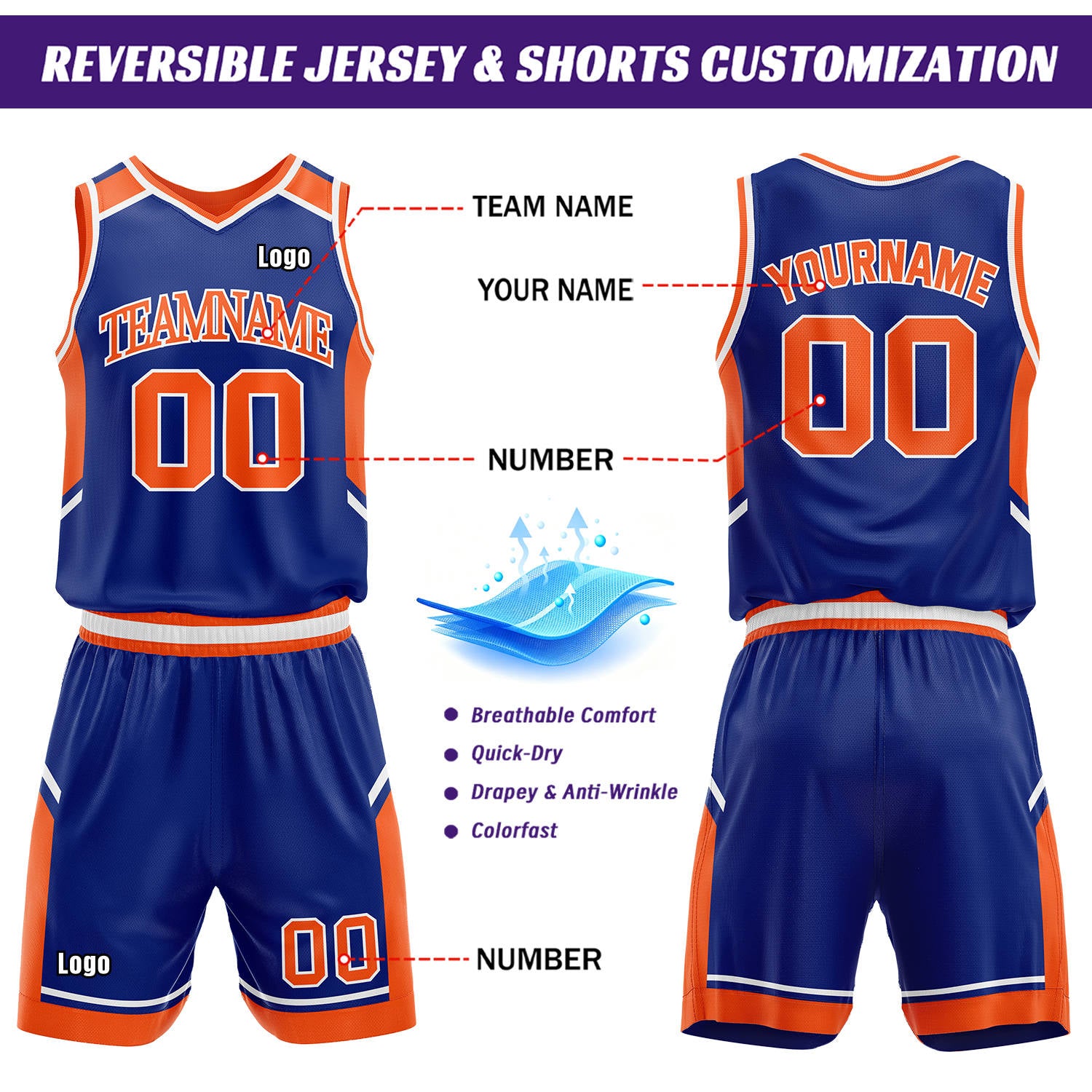 Custom Reversible Basketball Uniform Set | Orange & Royal Blue V-Neck Sleeveless Jersey & Athletic Shorts
