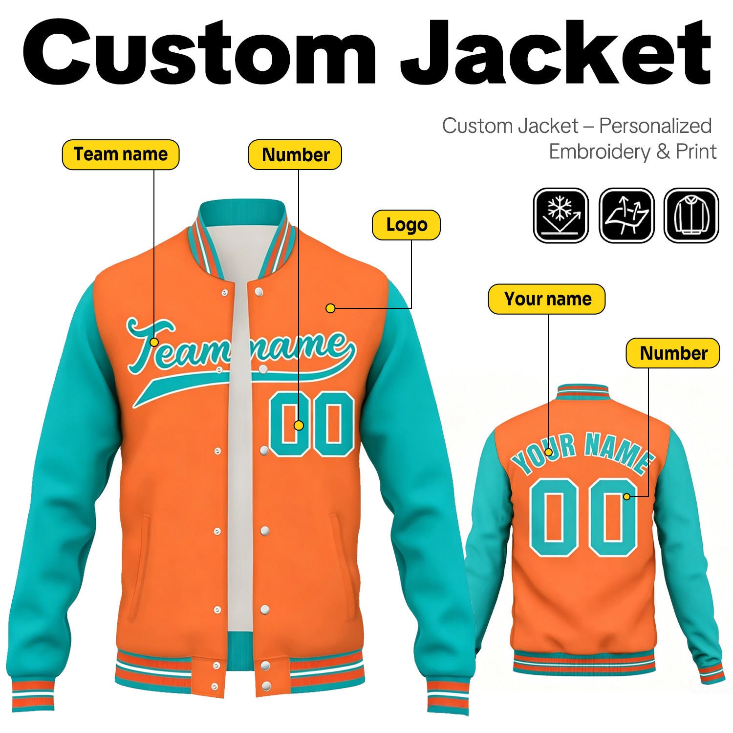 Custom Orange & Teal Contrast Sleeve Varsity Baseball Jacket | Personalized Team Name & Number