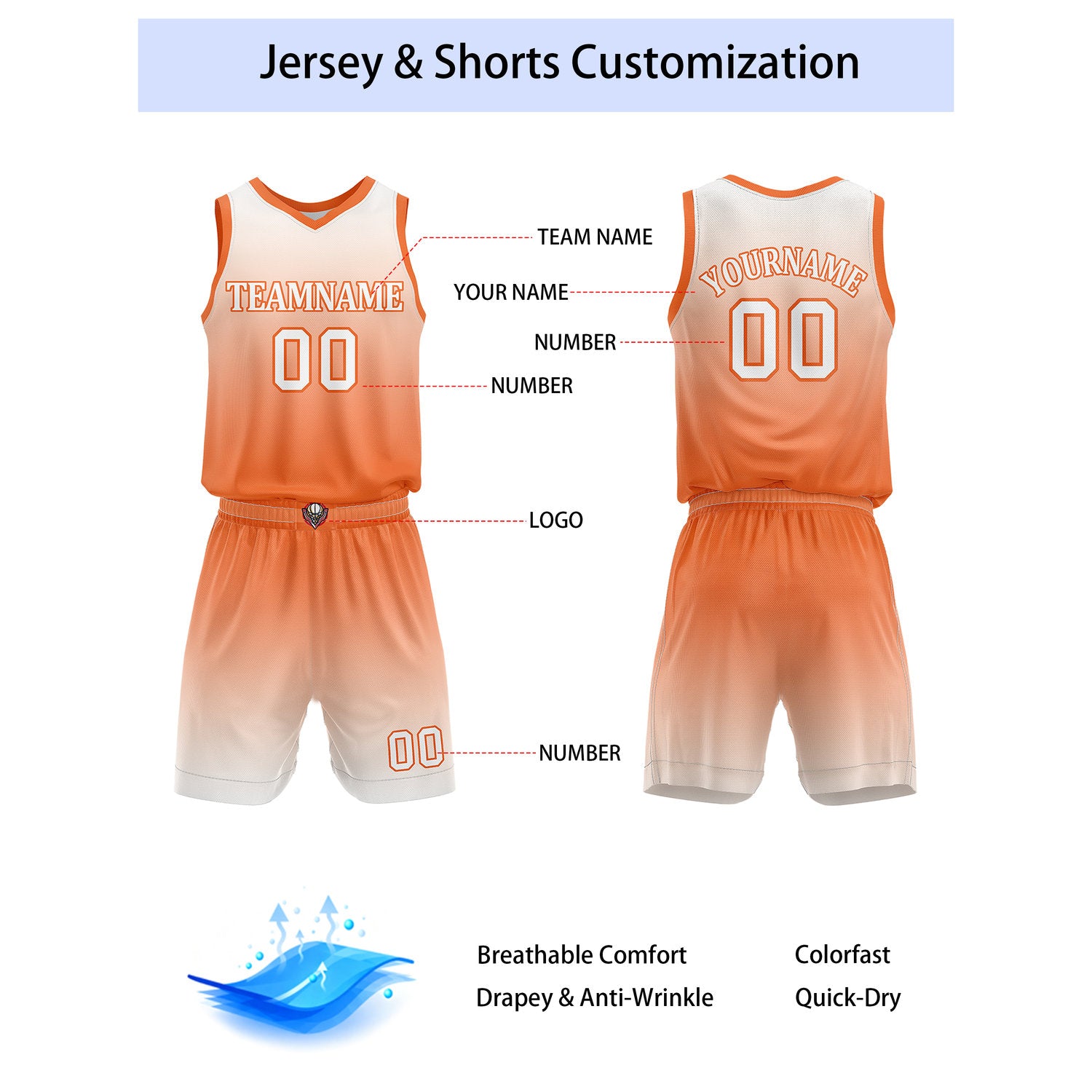 Custom Orange & White Gradient Basketball Jersey + Shorts Set - Personalized Team Name, Number | Vosoli