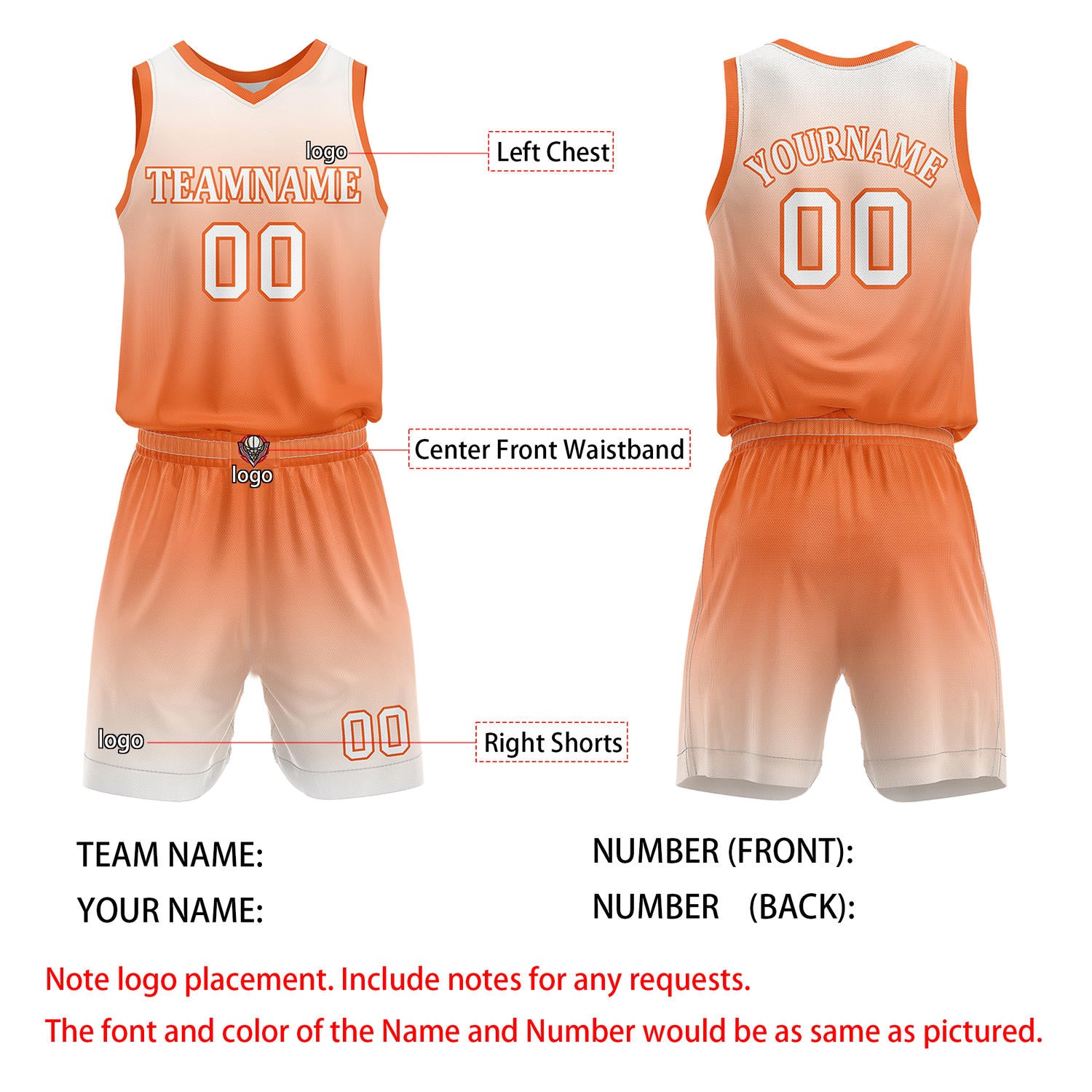 Custom Orange & White Gradient Basketball Jersey + Shorts Set - Personalized Team Name, Number | Vosoli