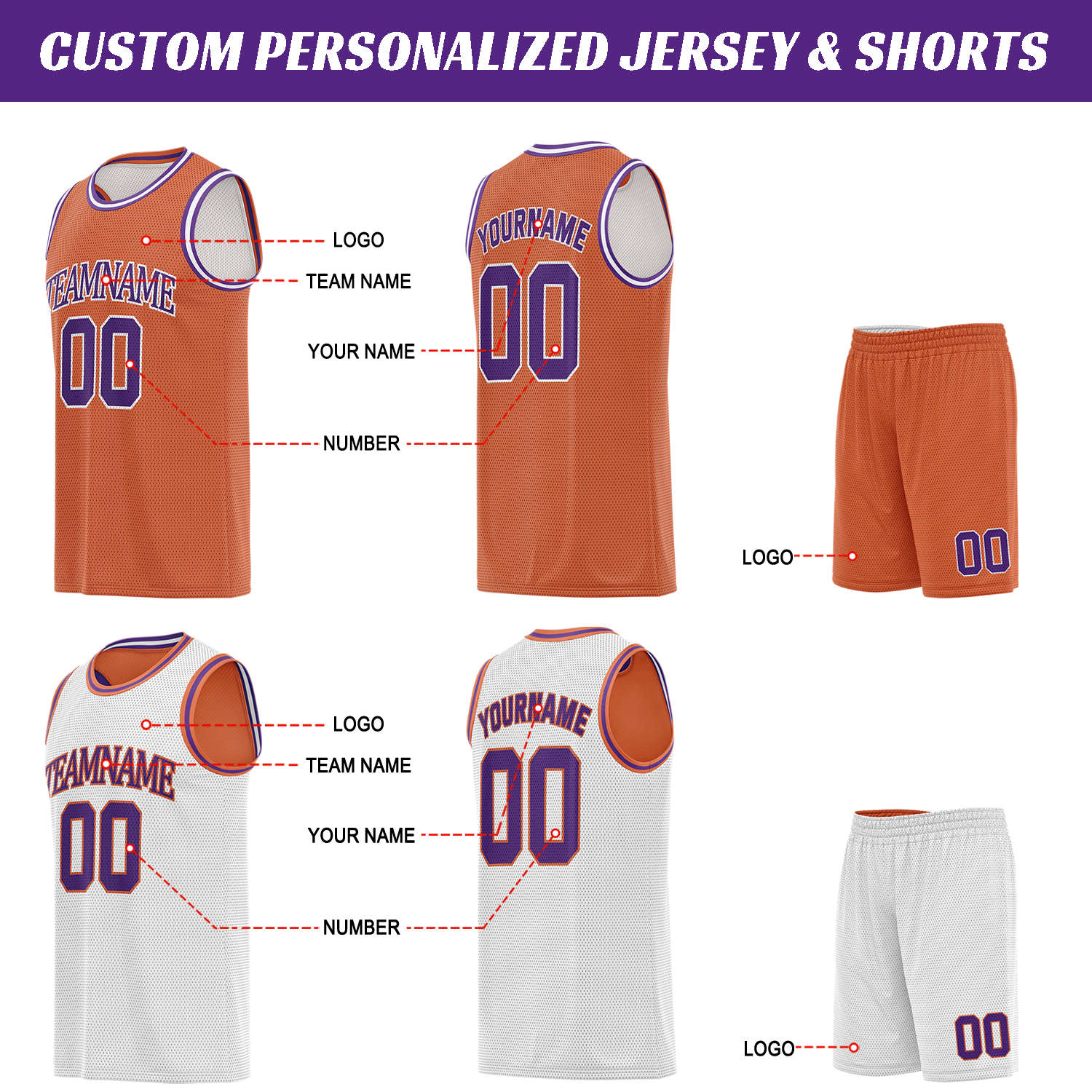 Custom Orange White & Purple Basketball Jersey Set | Personalized Team Uniform | Vosoli