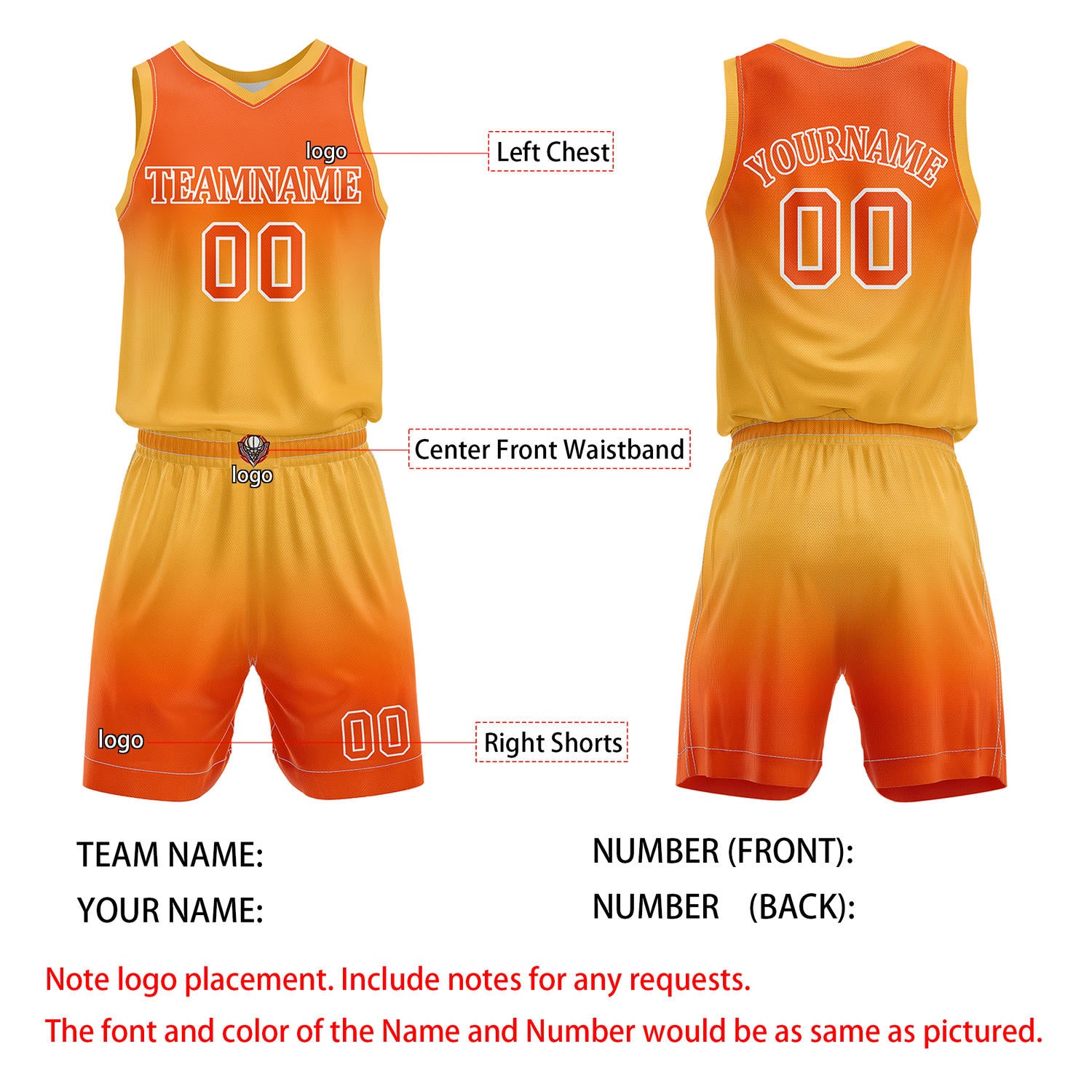 Custom Orange & Yellow Gradient Basketball Jersey + Shorts Set - Personalized Team Name, Number | Vosoli