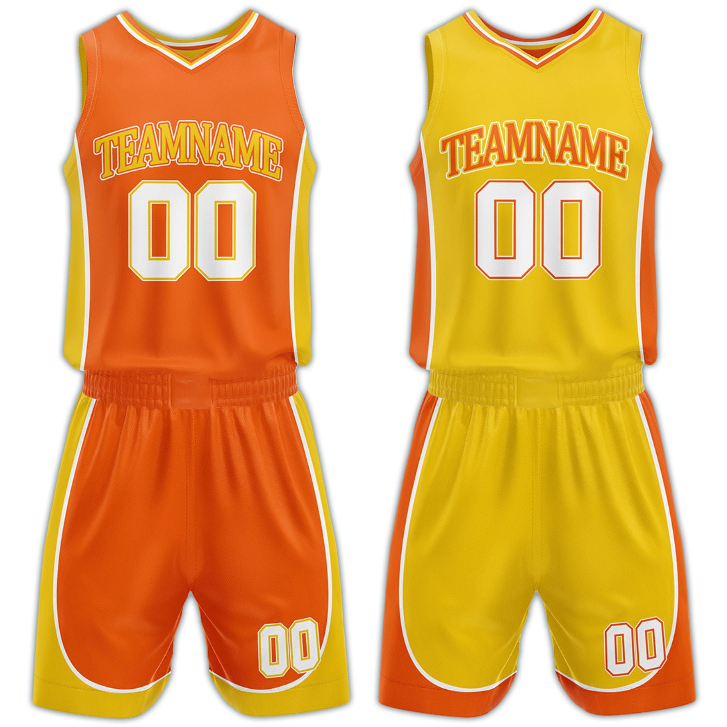 Custom orange and yellow reversible basketball uniform by Vosoli. Personalized with team name, number, and logo. Breathable mesh jersey and shorts for high school, college, AAU teams.