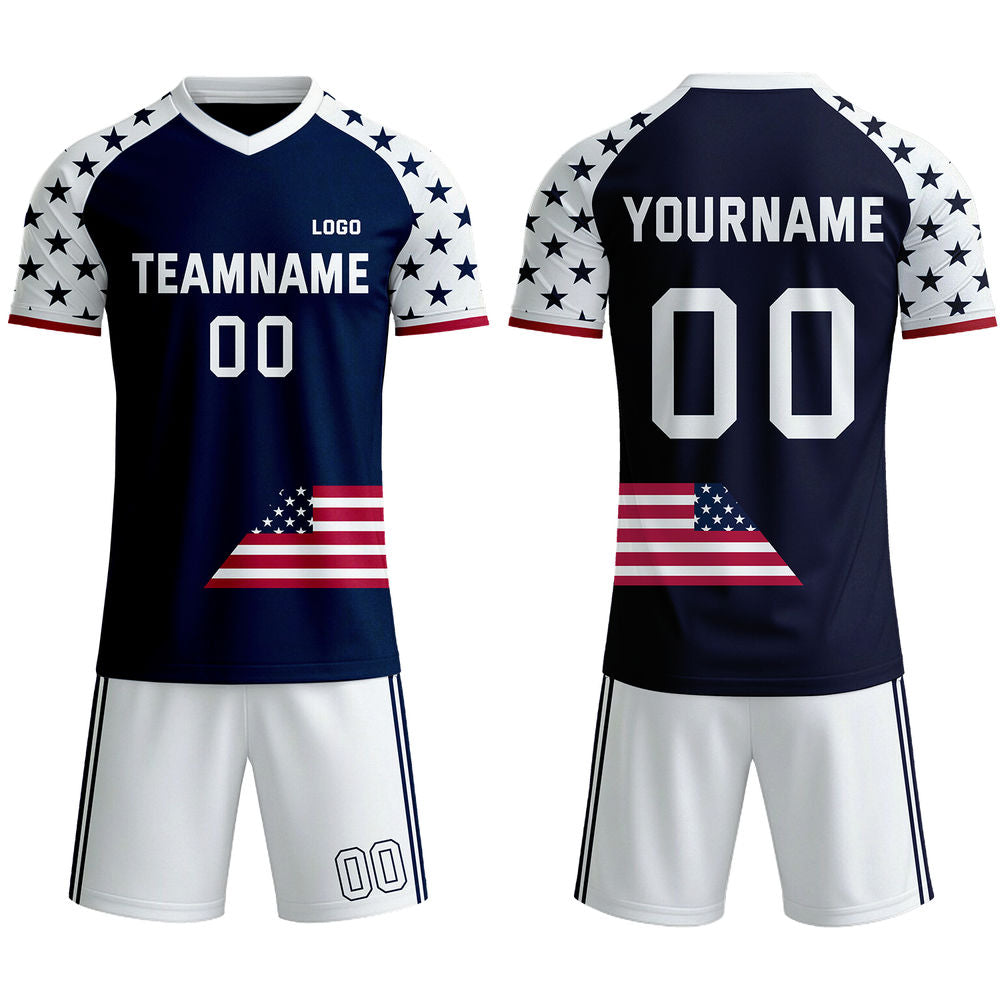 Custom Patriotic USA Soccer Jersey - Personalized Navy & White Star Team Uniform Kit