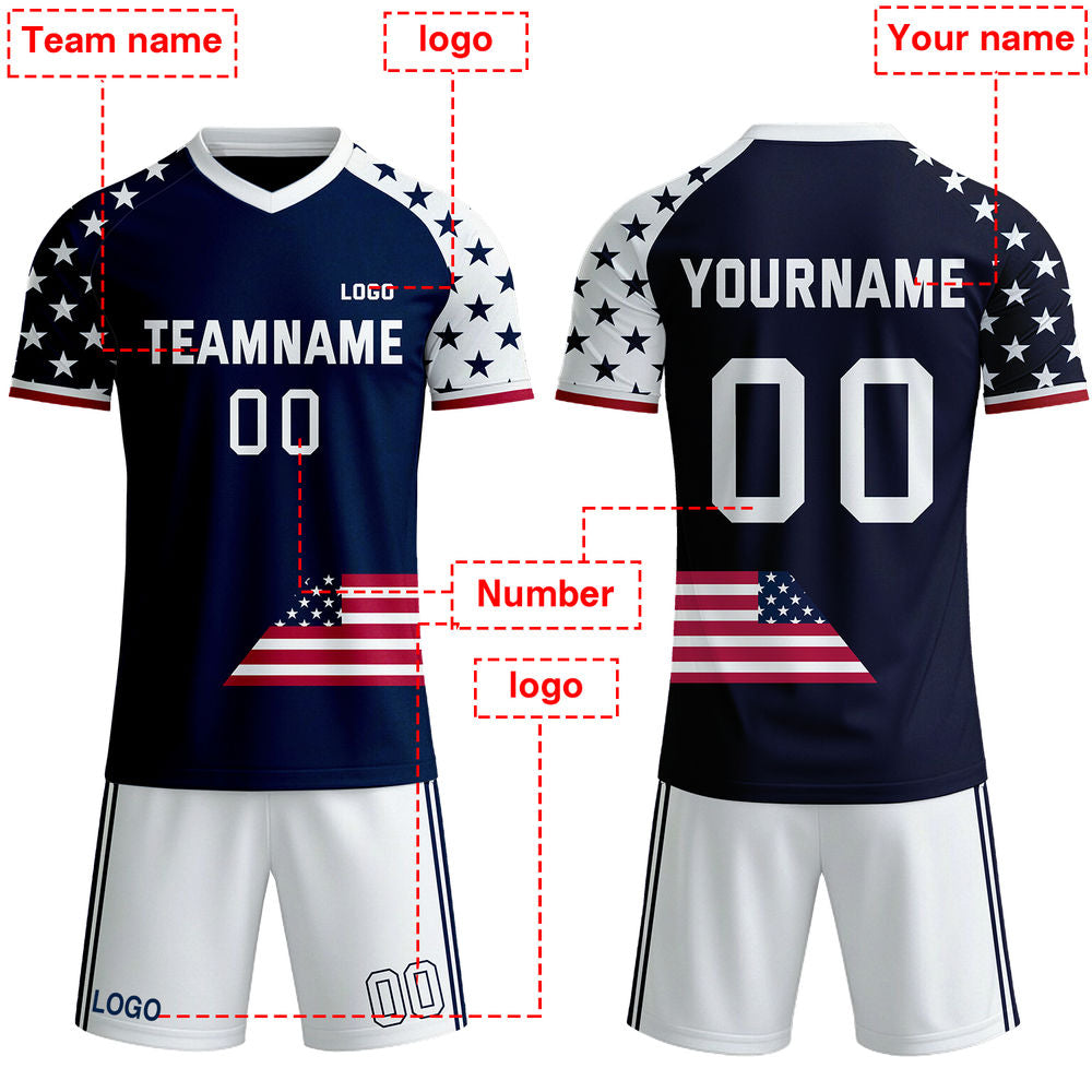 Custom Patriotic USA Soccer Jersey - Personalized Navy & White Stars Team Uniform Kit