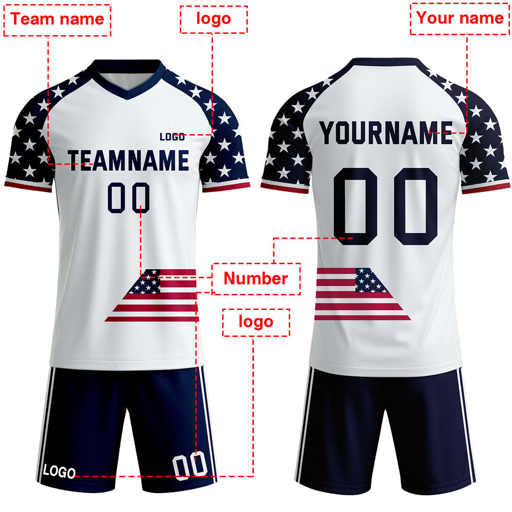 Custom Patriotic USA Soccer Jersey - Personalized White & Navy Stars Team Kit