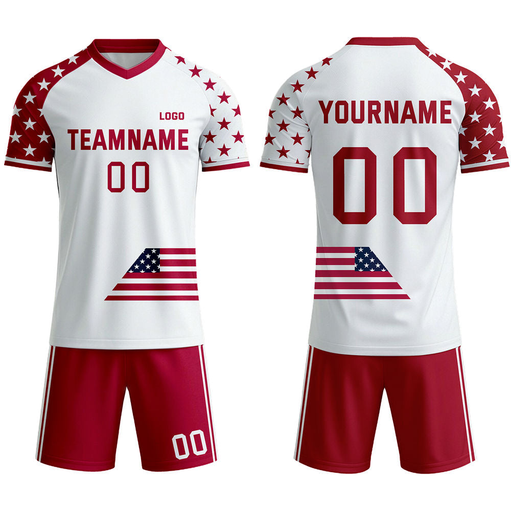 Custom Patriotic USA Star Soccer Jersey - Personalized White & Red Team Uniform Kit