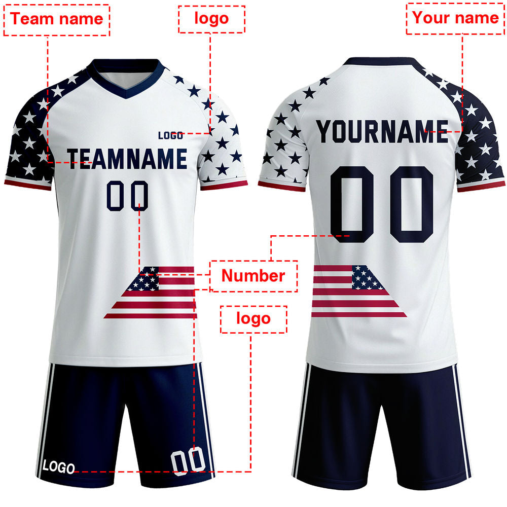 Custom Patriotic USA Stars Soccer Jersey - Personalized White & Navy Team Kit