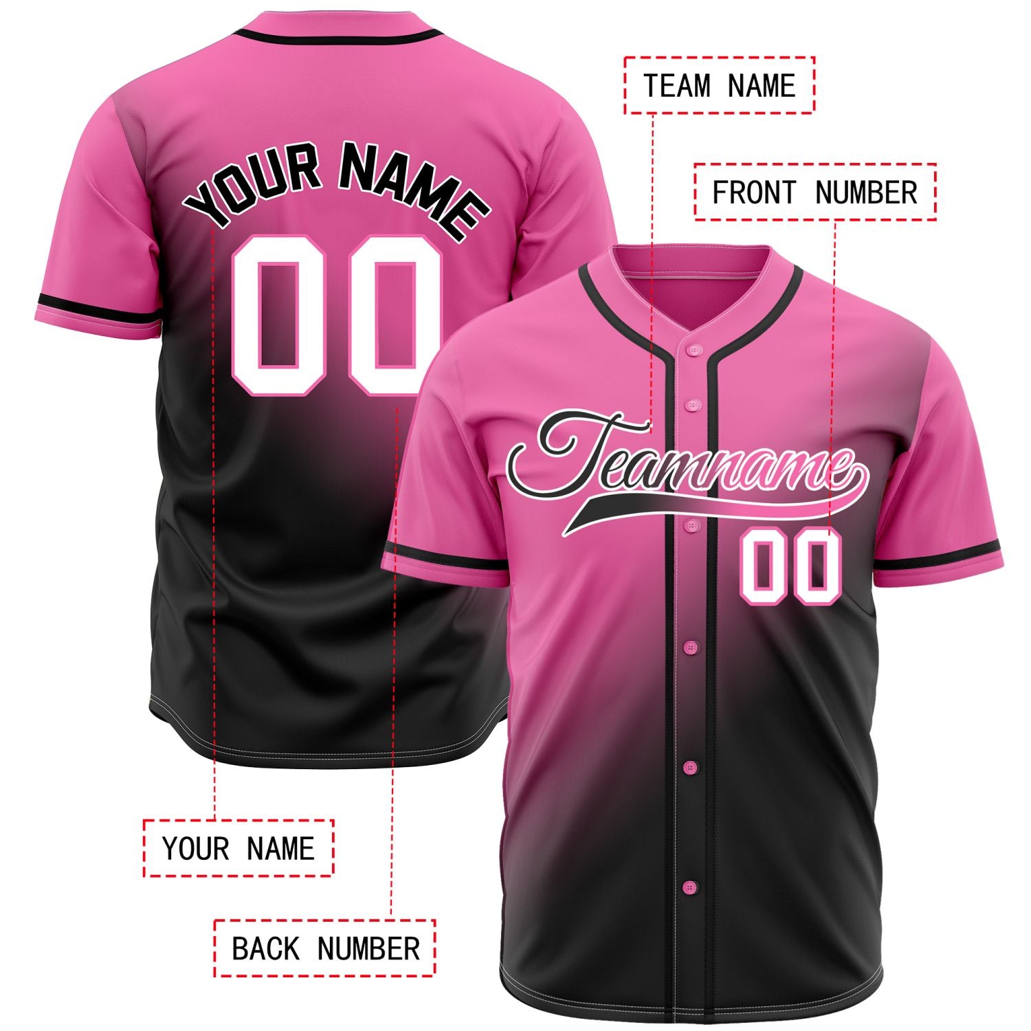 Custom Pink and Black Gradient Baseball Jersey - Personalized Team Sports Uniform