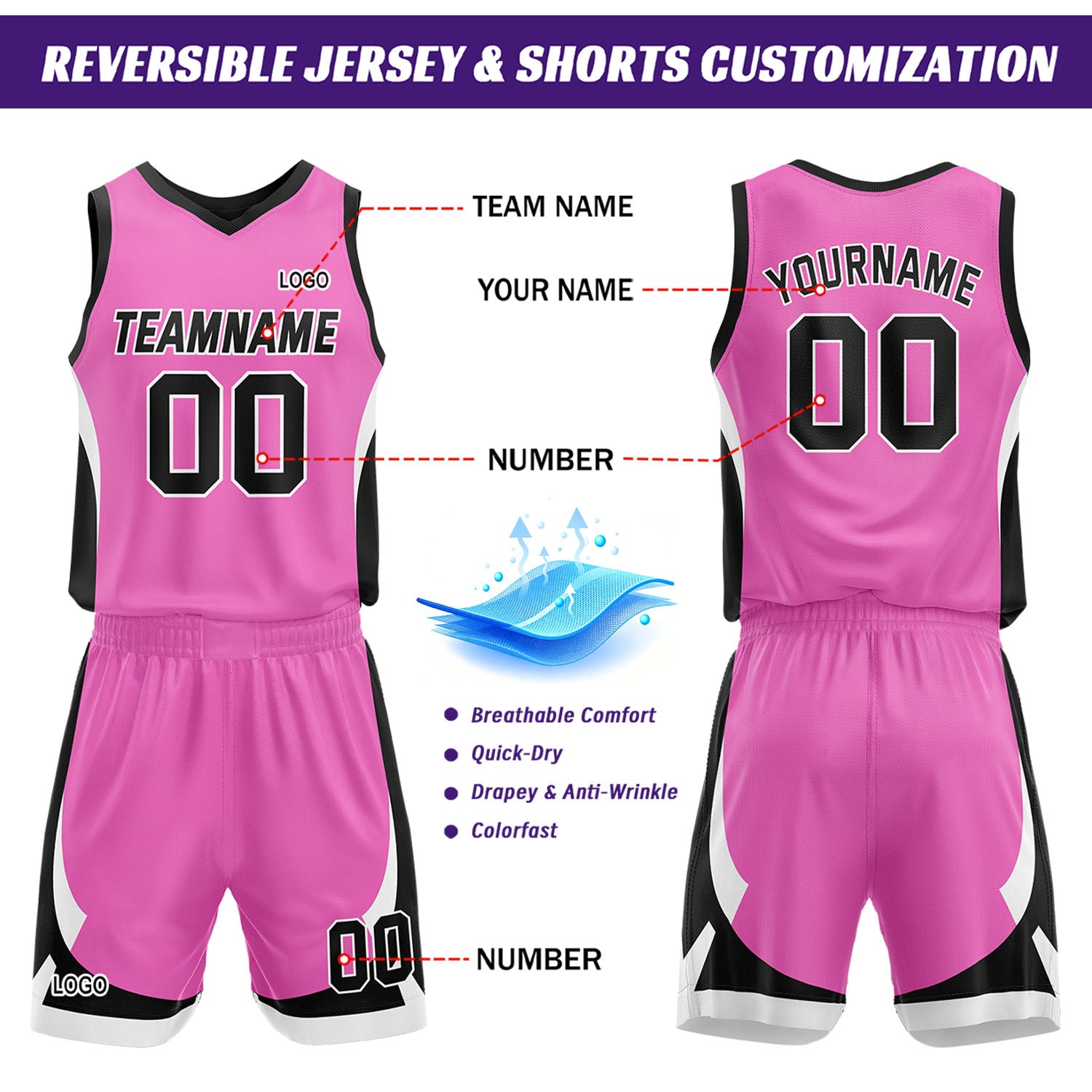Custom Pink Black Reversible Basketball Jersey Set | Personalized Name Number Mesh Sports Uniform