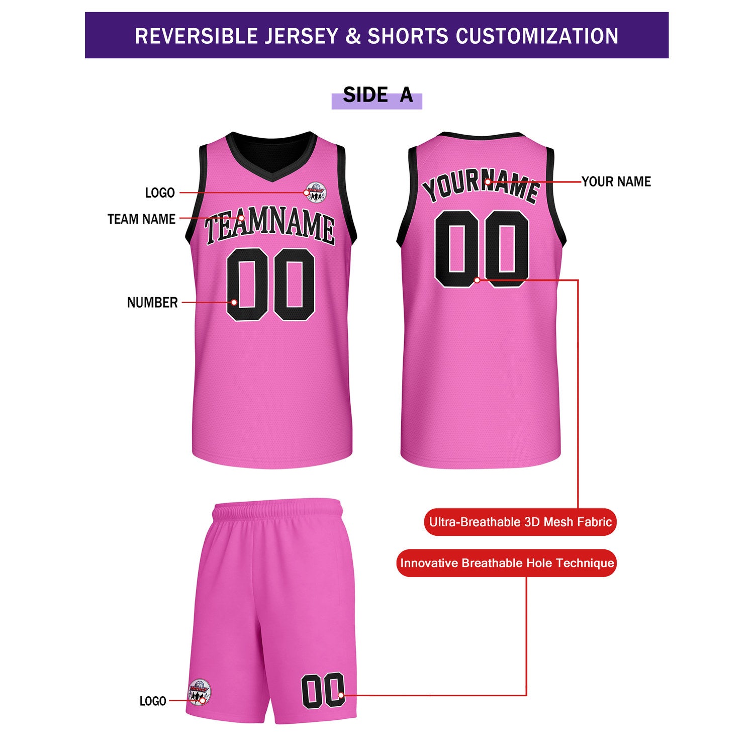 Custom Pink & Black Reversible Basketball Uniform Set | Personalized Team Name & Number - Vosoli