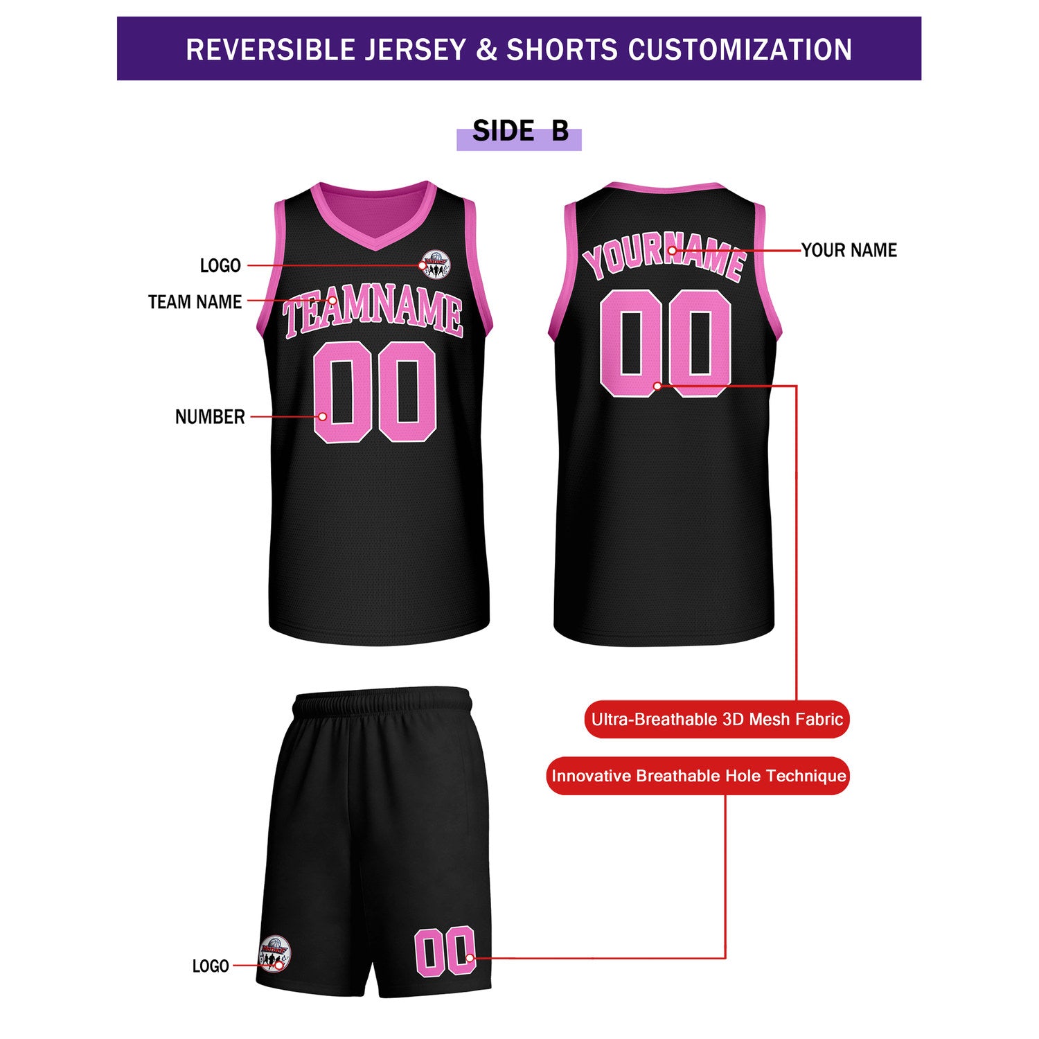Custom Pink & Black Reversible Basketball Uniform Set | Personalized Team Name & Number - Vosoli