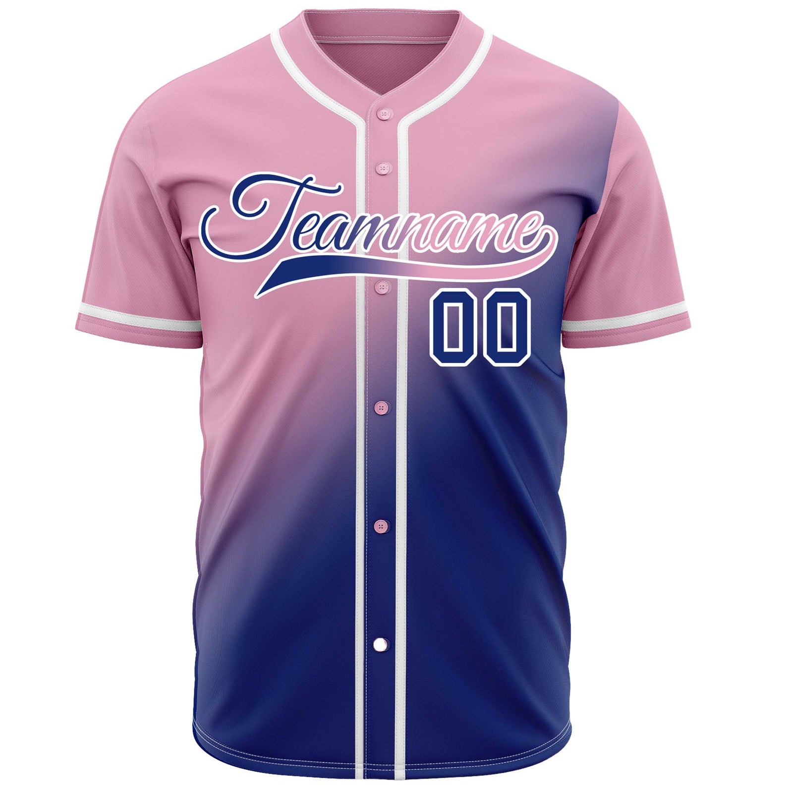 Custom pink to blue gradient baseball jersey, button-front style with white trim, suitable for team sports and casual wear - Vosoli