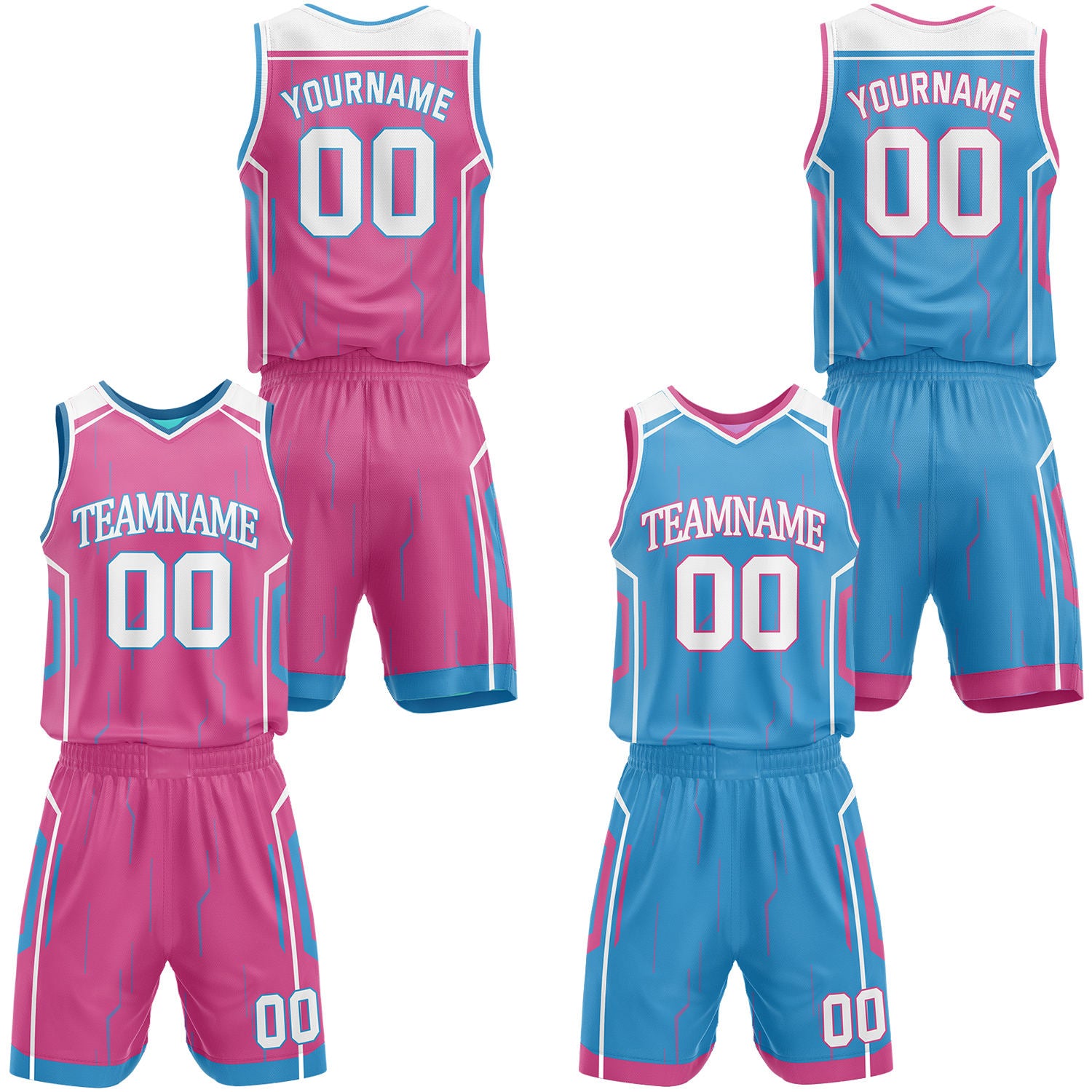 Custom Pink & Cyan Reversible Geometric Basketball Jersey Shorts Set | Personalized Team Uniform
