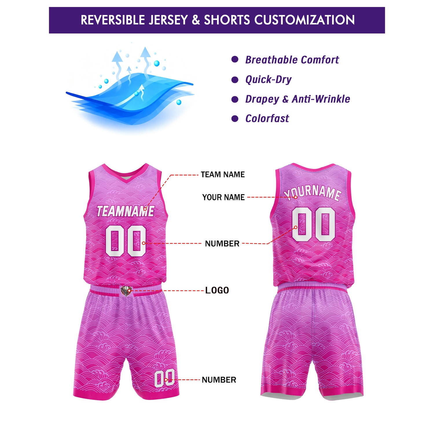 Custom Pink Gradient Wave Basketball Uniform | Personalized Team Kit - Vosoli