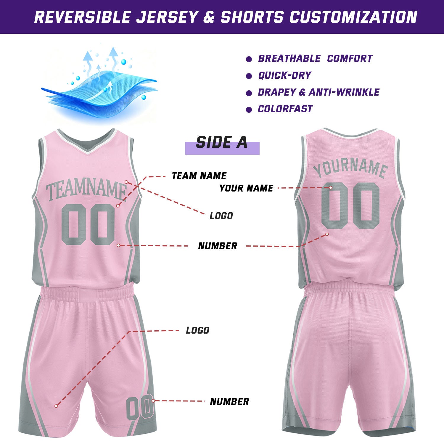 Custom Pink & Gray Reversible Geometric Basketball Jersey Shorts Set | Personalized Team Uniform