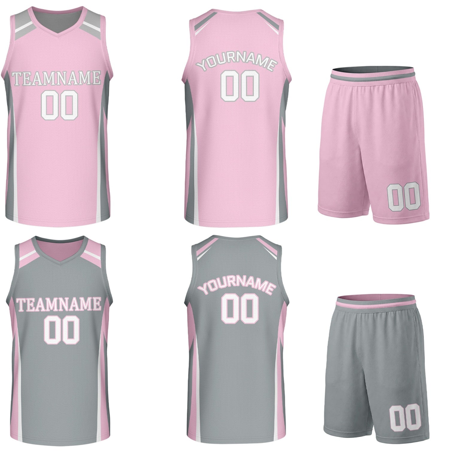 Custom pink and grey reversible basketball uniform by Vosoli. Personalized with team name, number, and logo. Breathable mesh jersey and shorts for high school, college, and AAU teams.