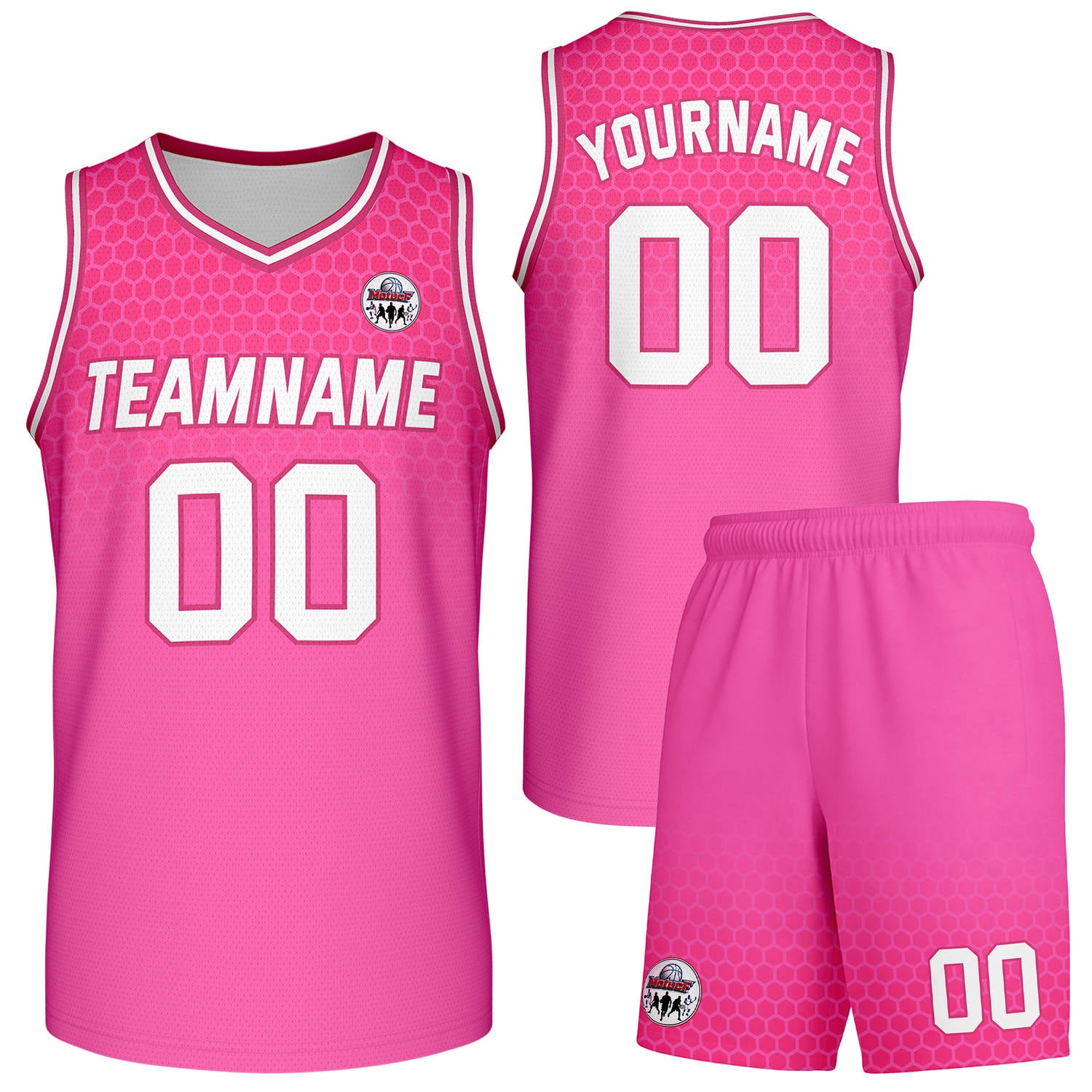 Custom pink honeycomb-pattern basketball uniform set, personalized team name number logo breathable mesh jersey and shorts men women youth game practice - Vosoli