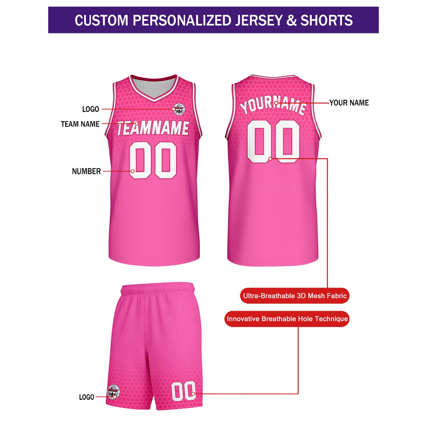 Custom Pink Honeycomb Basketball Uniform Set | Personalized Team Name & Number - Vosoli