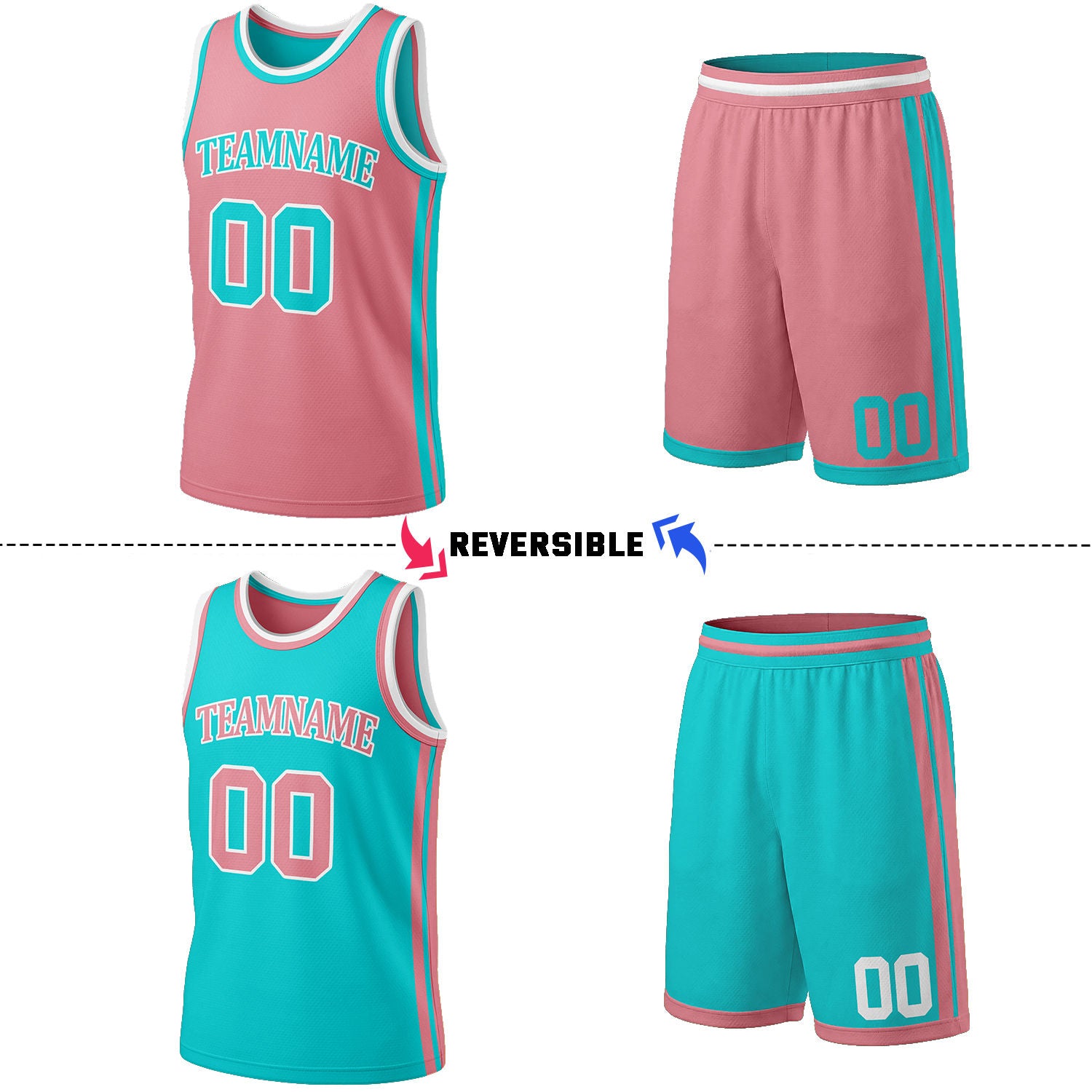 Custom Pink & Teal Reversible Basketball Jersey Shorts Set | Personalized Full Team Uniform