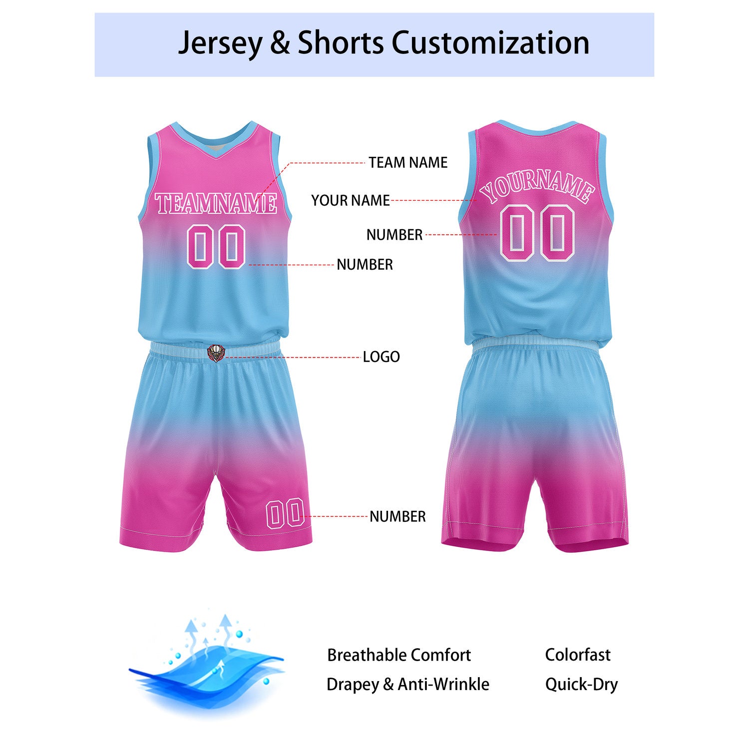 Custom Pink & Turquoise Gradient Basketball Jersey + Shorts Set - Personalized Team Name, Number | Vosoli