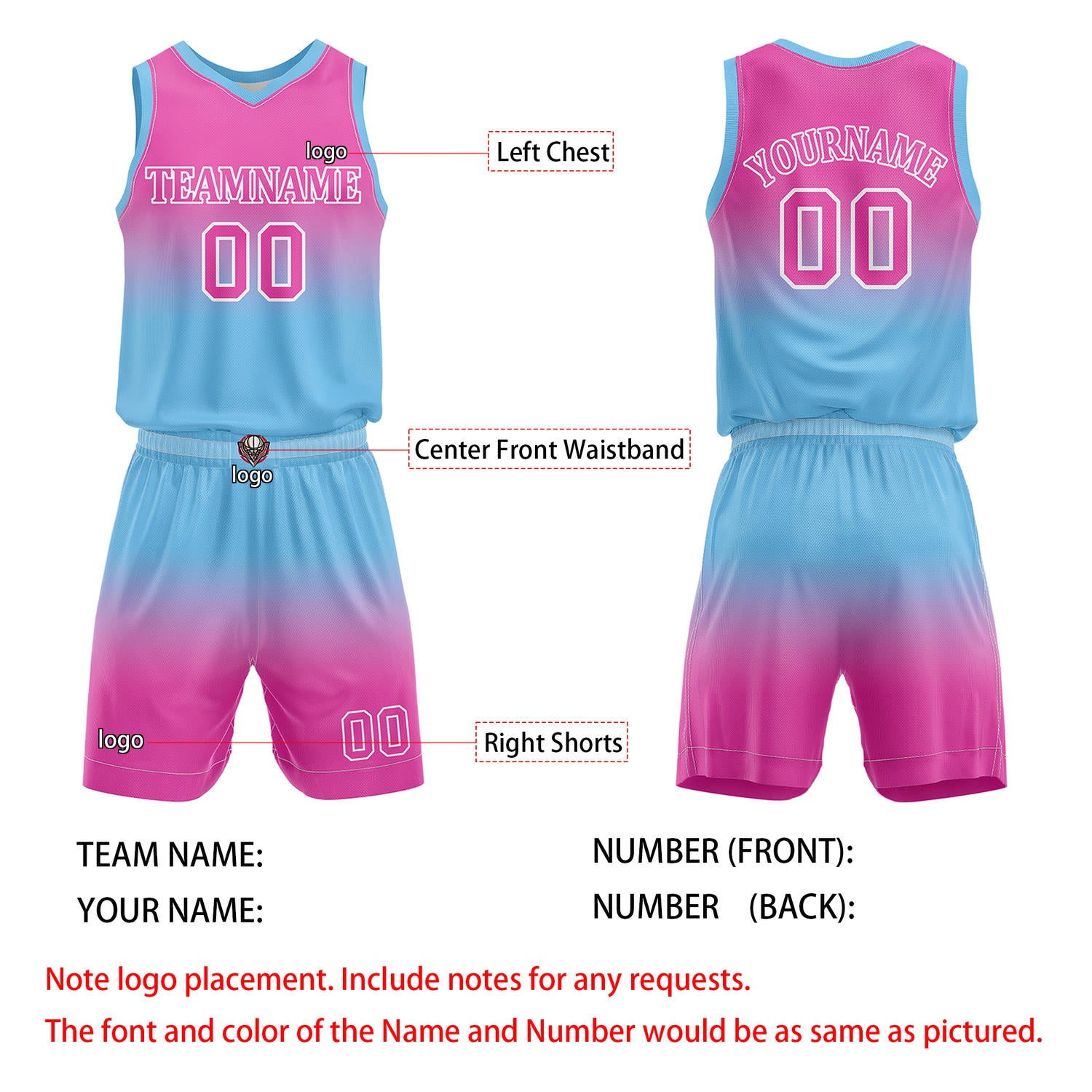 Custom Pink & Turquoise Gradient Basketball Jersey + Shorts Set - Personalized Team Name, Number | Vosoli