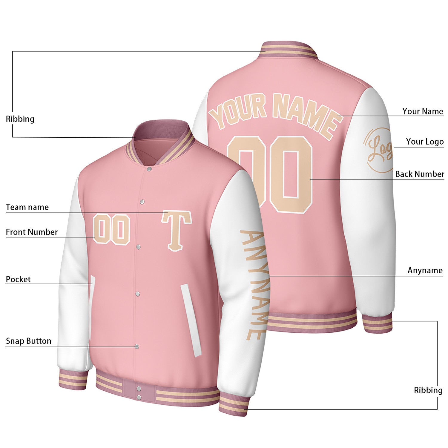 Custom Pink & White Varsity Baseball Jacket | Personalized Letterman Baseball Bomber for Adult & Youth