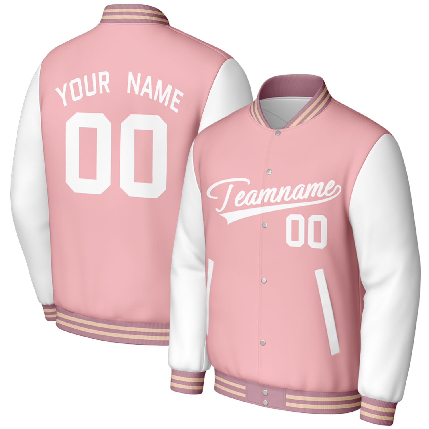 custom pink white college baseball varsity jackets by Vosoli, personalized stitched name, number & logo, classic button up varsity letterman jacket for college baseball team and casual wear