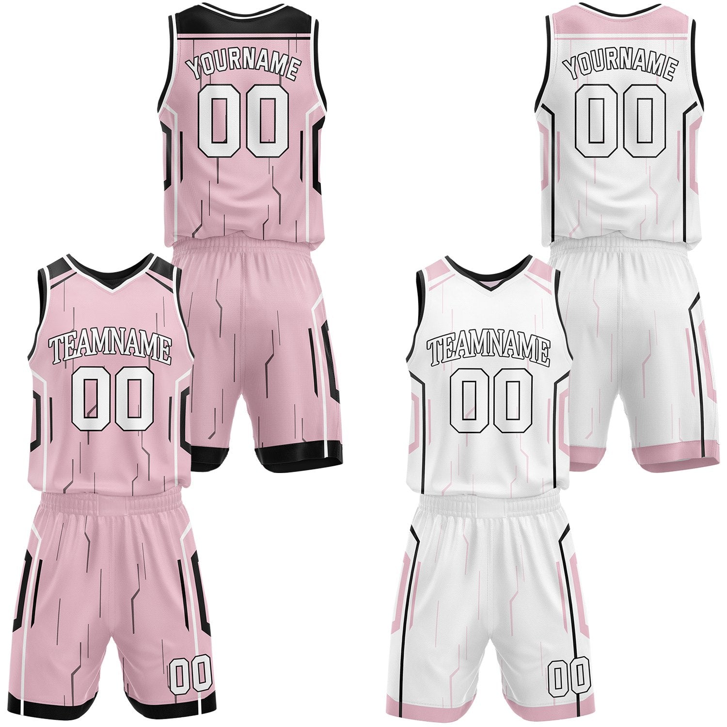 Custom pink & white reversible basketball jersey shorts set by Vosoli | Personalized outline block team name number tech geometric uniform sportswear