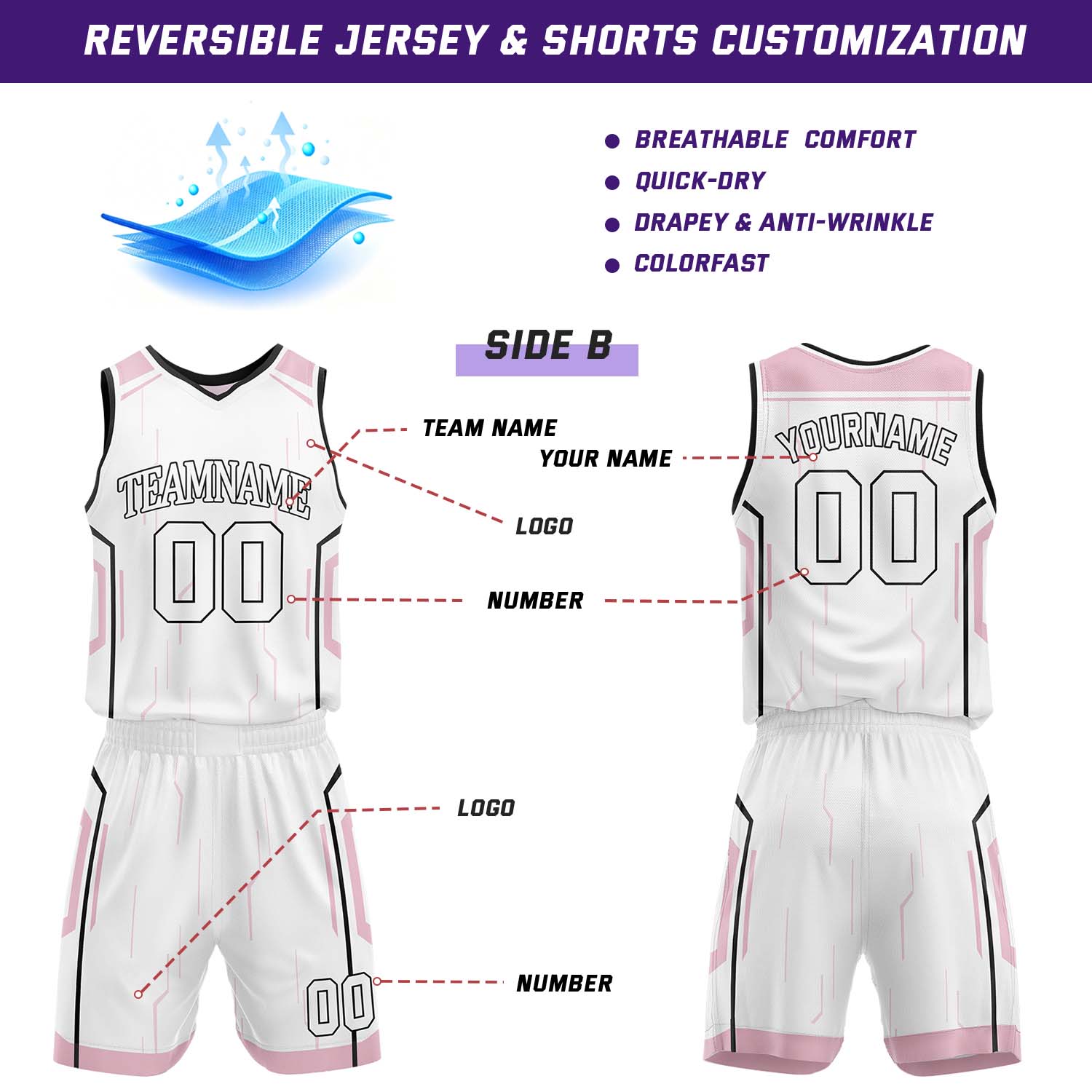 Custom Pink & White Reversible Geometric Basketball Jersey Shorts Set | Personalized Team Uniform