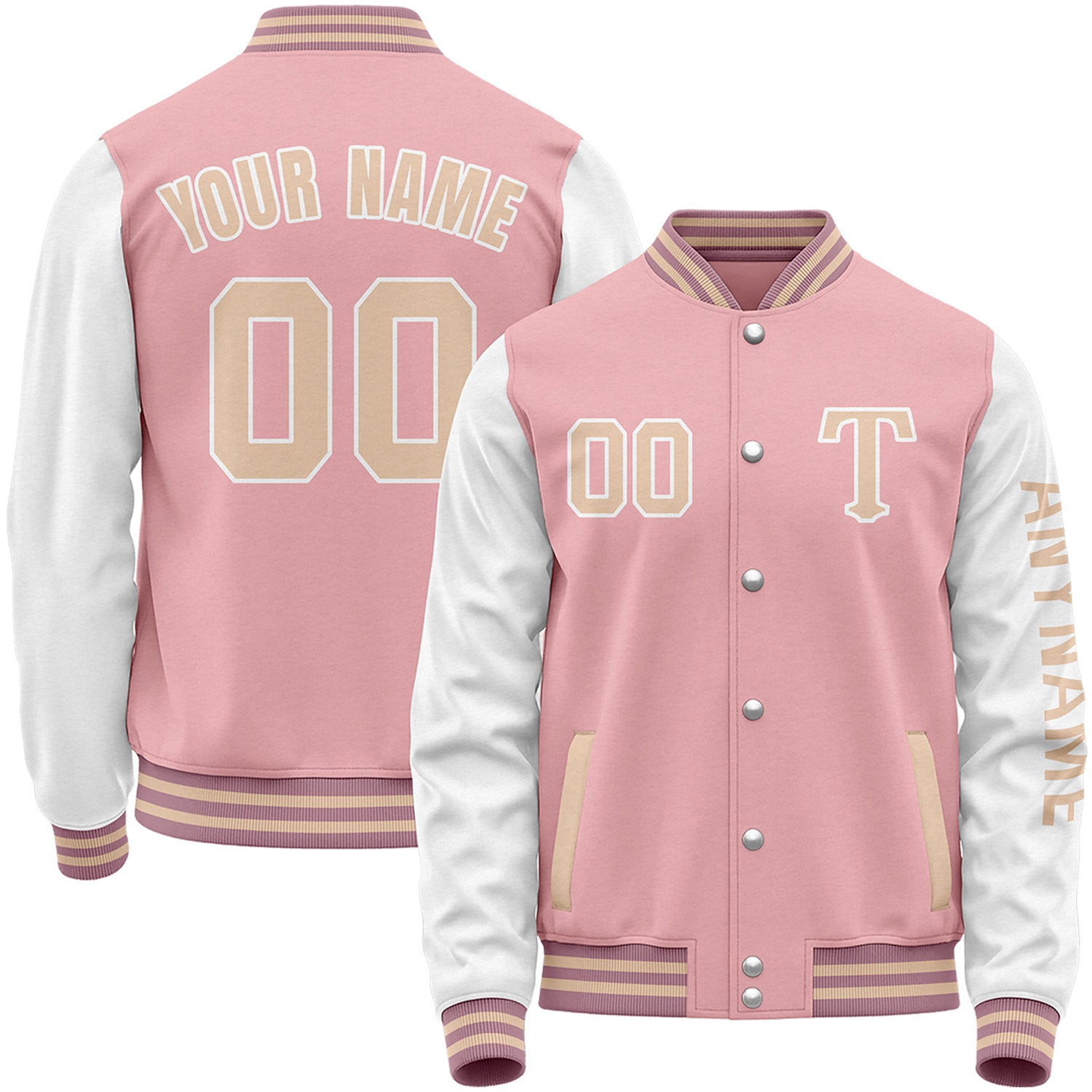 Custom pink and white girl's team baseball jackets by Vosoli with stitched name, number and logo. Classic varsity jackets for baseball and casual wear.