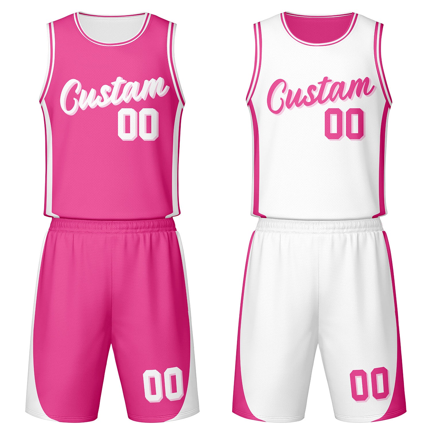 Custom pink & white reversible basketball jersey set with shorts by Vosoli | Personalized team name, number & logo | Breathable mesh sport jersey uniform