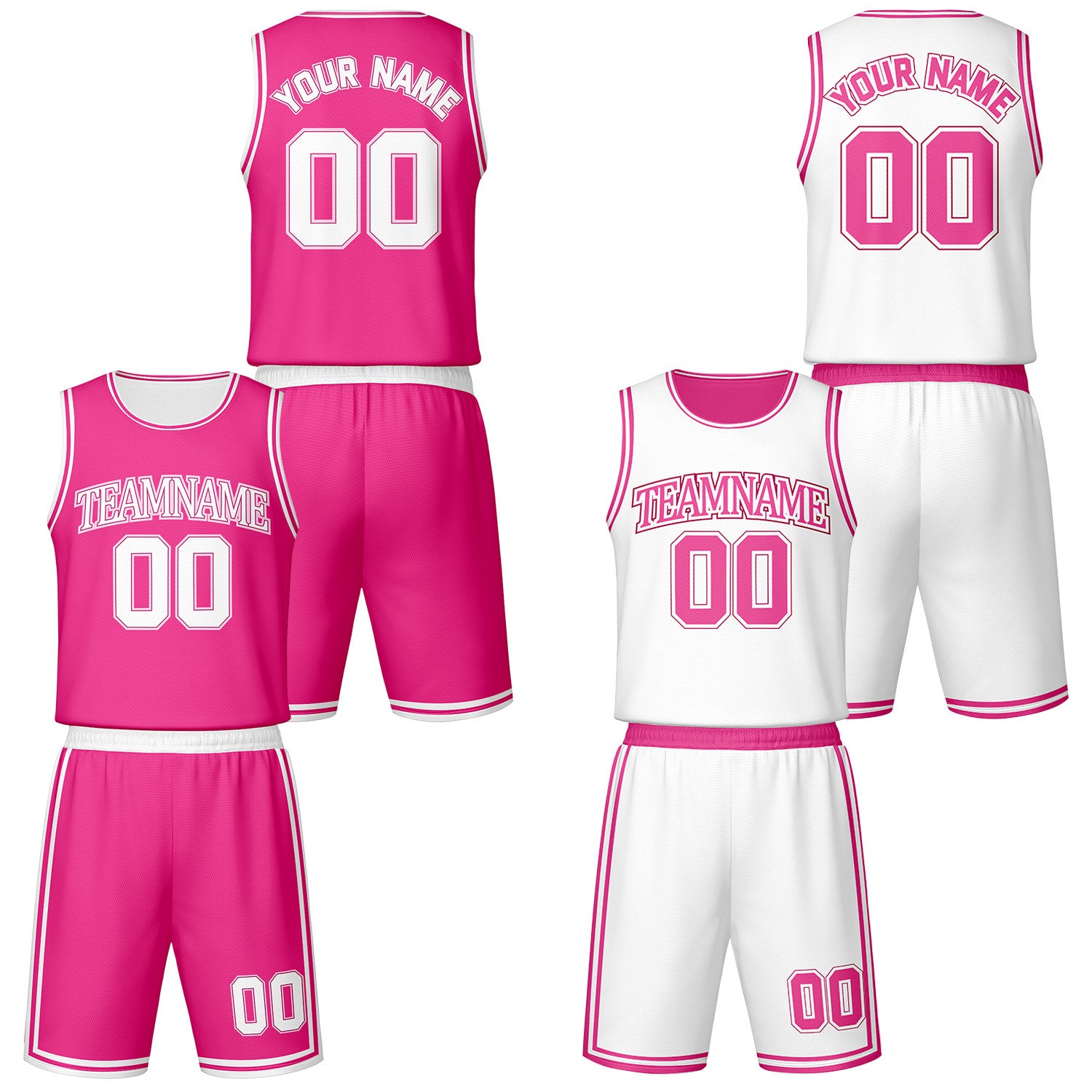 Custom pink & white reversible basketball jersey shorts set by Vosoli | Personalized team name number vintage uniform sportswear
