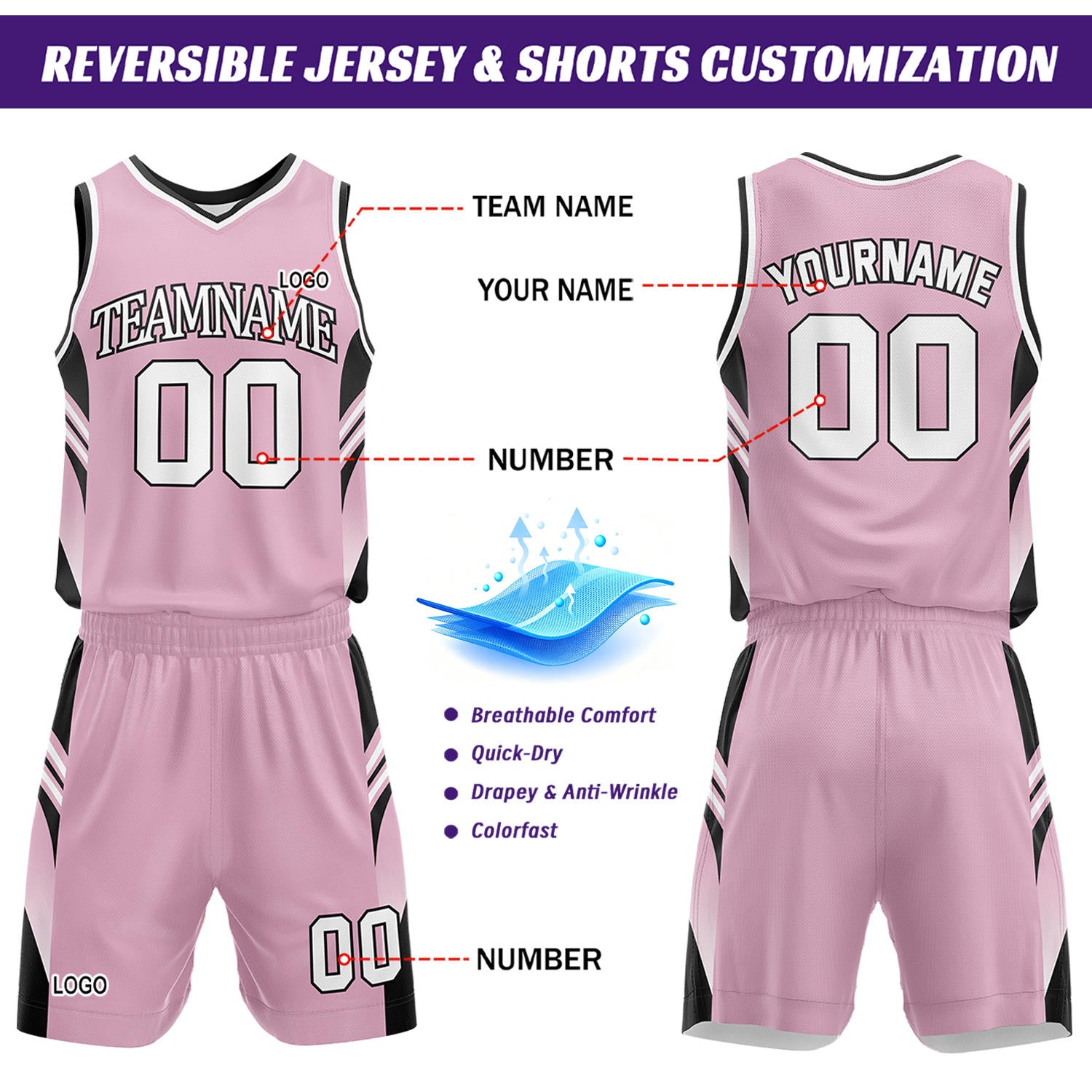 Custom Pink & White Reversible Basketball Uniform Set | Personalized Team Jersey Kit