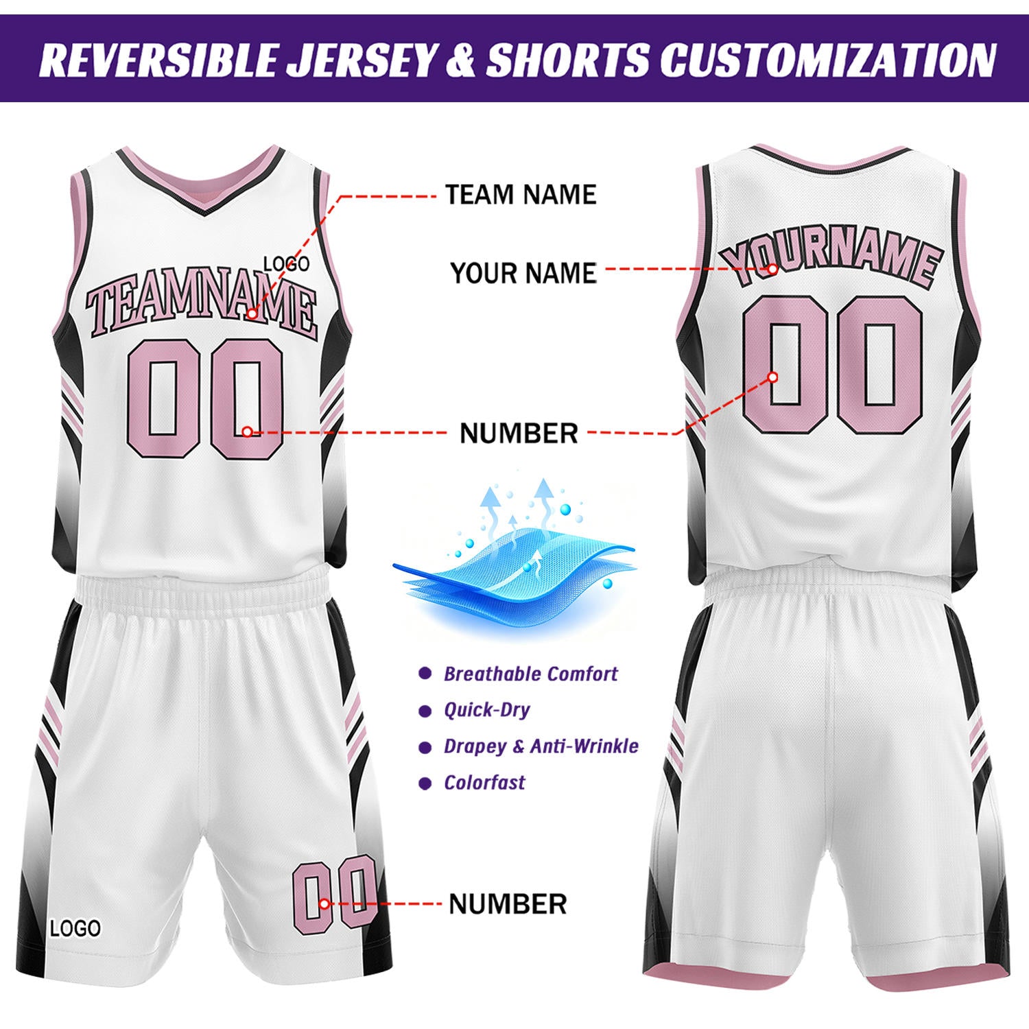 Custom Pink & White Reversible Basketball Uniform Set | Personalized Team Jersey Kit
