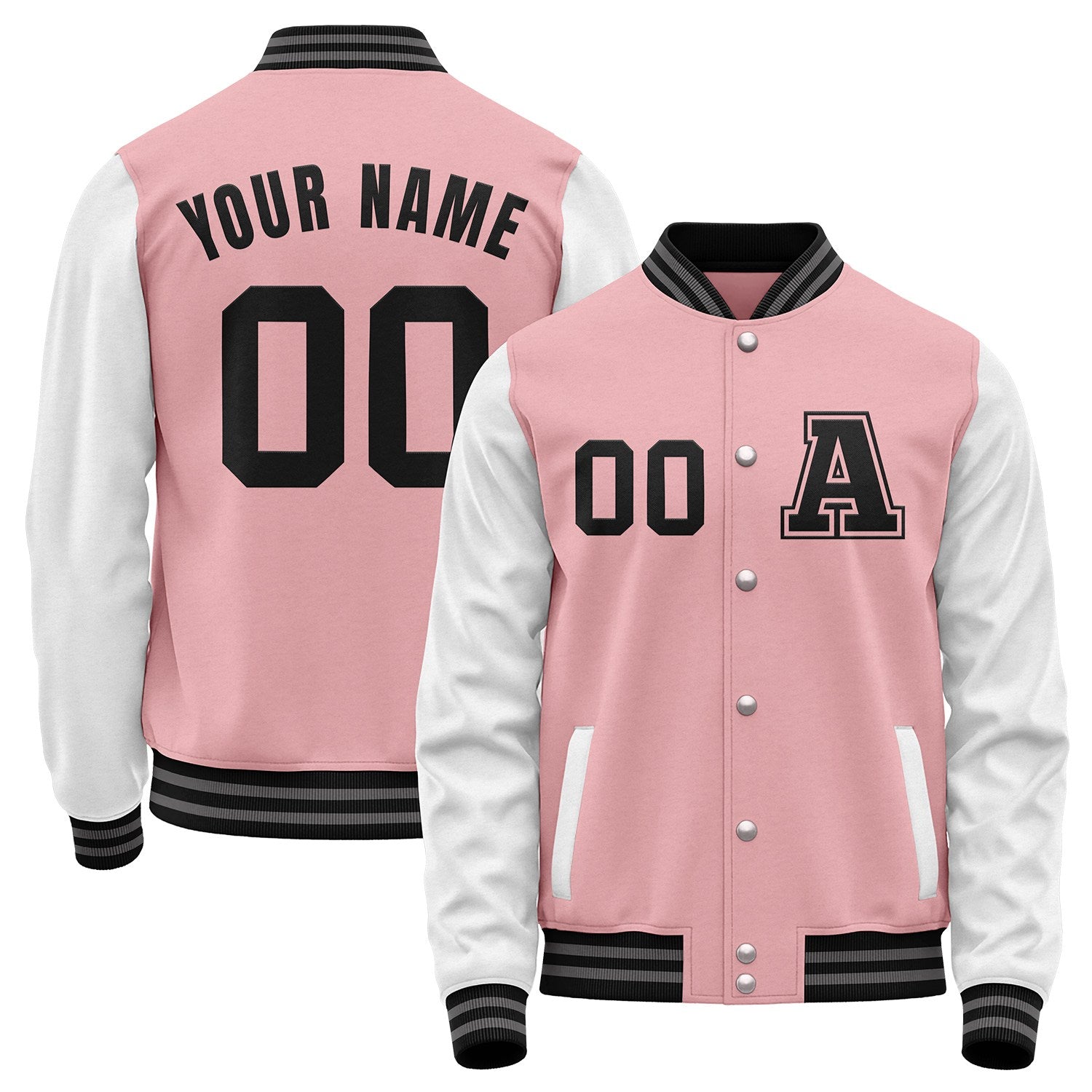 Custom pink and white team baseball jackets by Vosoli with stitched name, number and logo. Classic varsity jacket for baseball and casual wear.