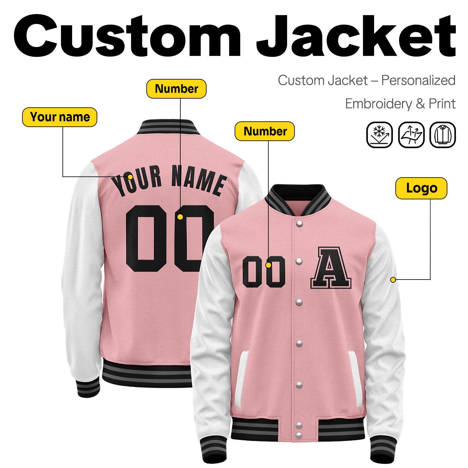 Custom Varsity Jacket with Stitched Name & Number | Pink & White Personalized Team Letterman Bomber