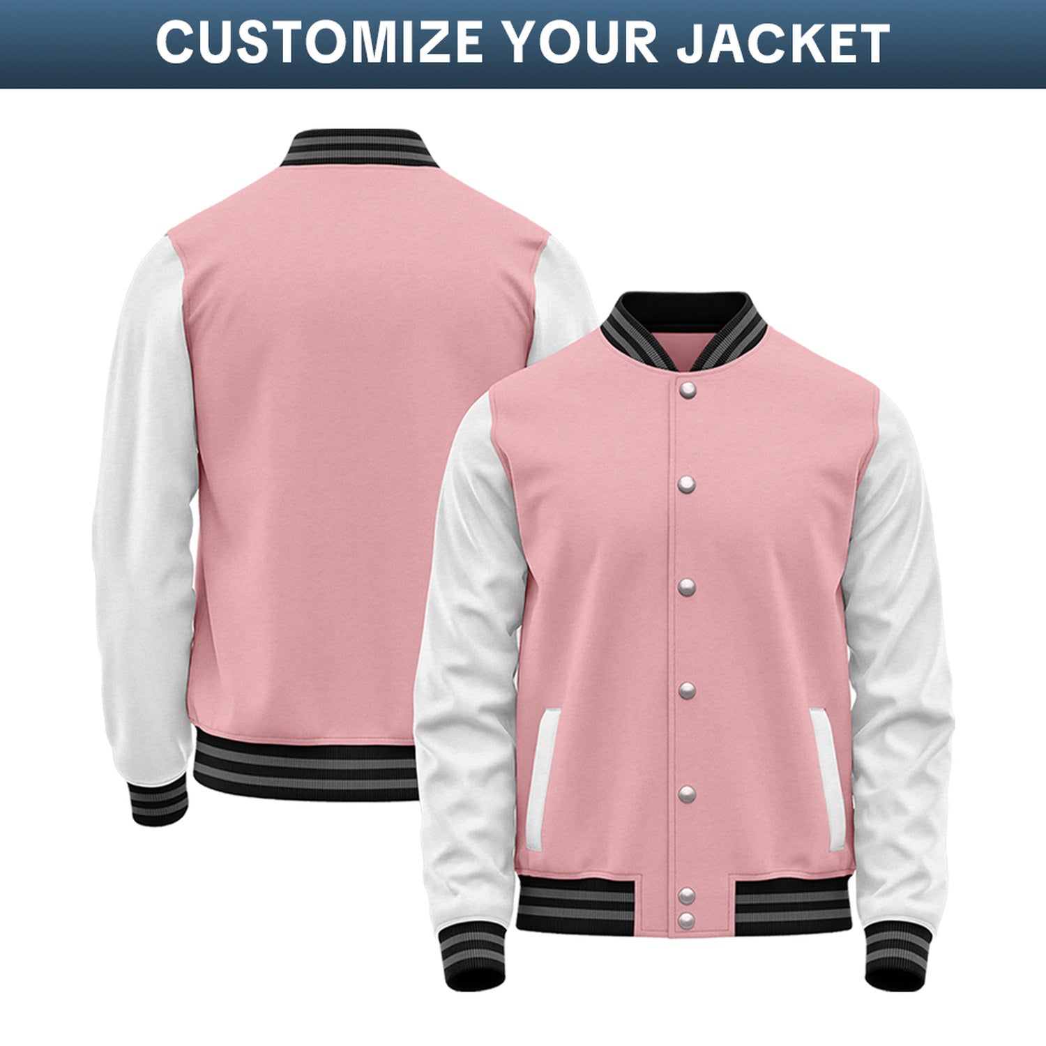 Custom Varsity Jacket with Stitched Name & Number | Pink & White Personalized Team Letterman Bomber